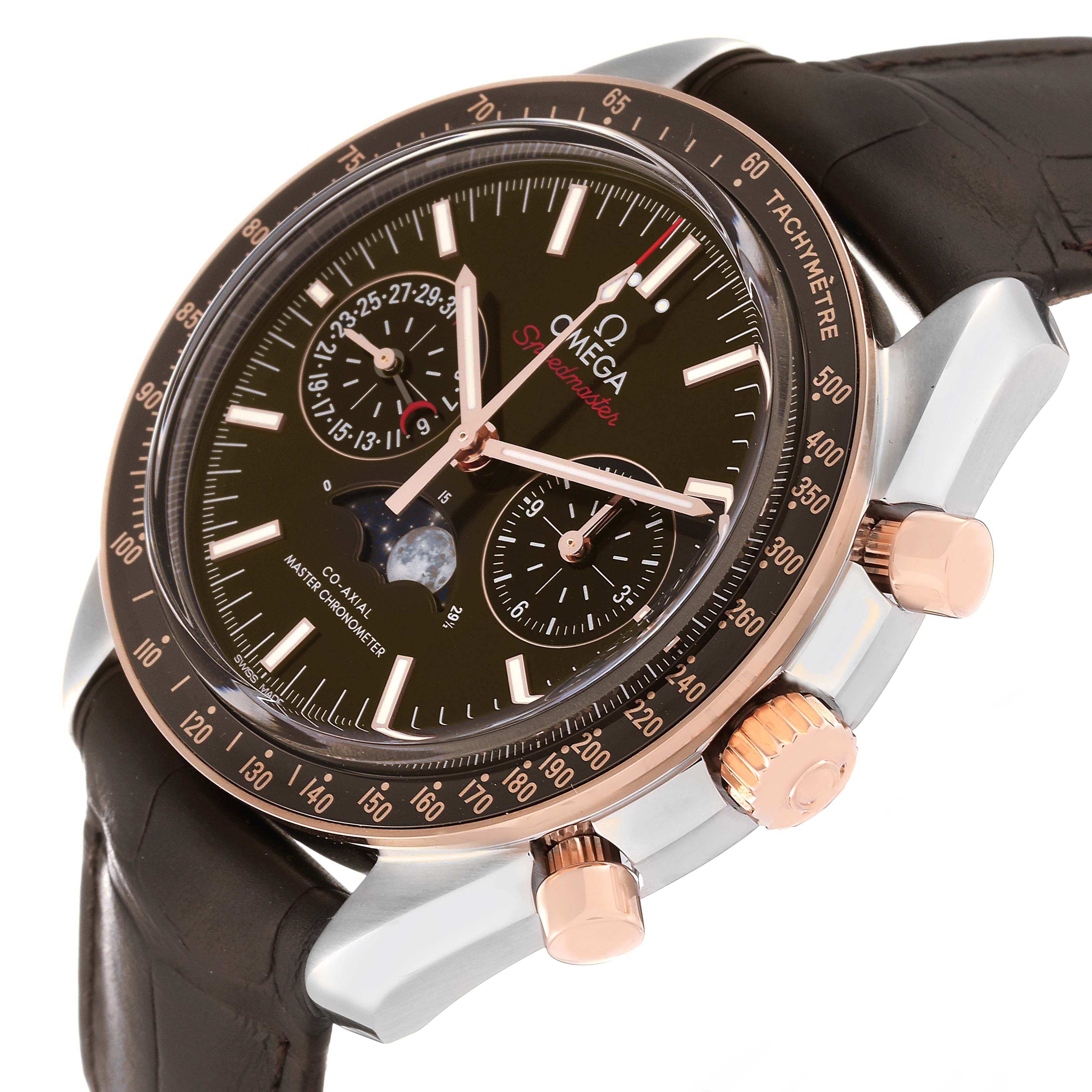 The image shows an angled side view of the Omega Speedmaster 304.23.44.52.13.001 Men's Stainless Steel Brown Dial 304.23.44.52.13.001 Men's Stainless Steel Brown Dial watch, highlighting the face, bezel, crown, and chronograph pushers.