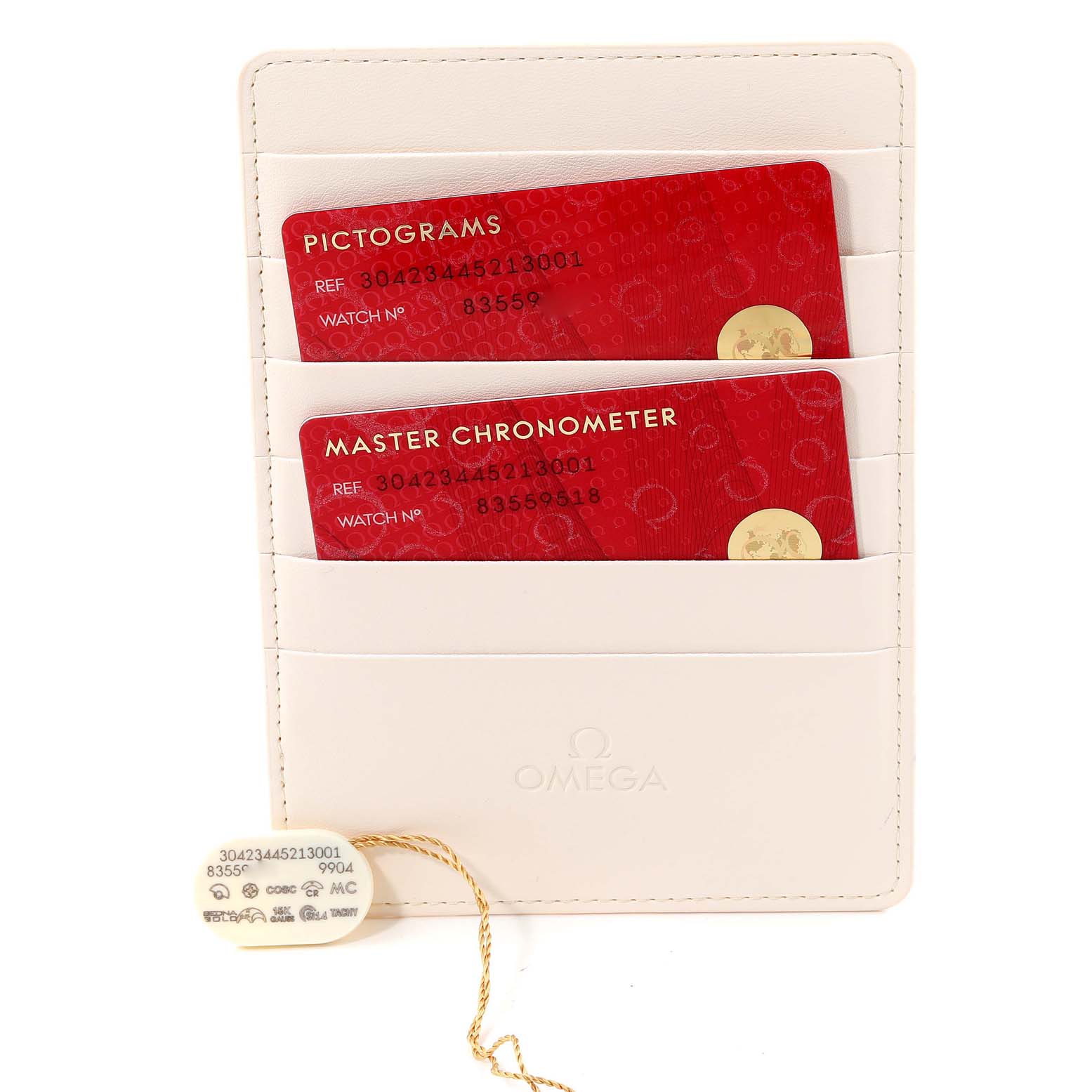 The image shows warranty cards and a tag for an Omega Speedmaster 304.23.44.52.13.001 Men's Stainless Steel Brown Dial 304.23.44.52.13.001 Men's Stainless Steel Brown Dial watch, placed in a white cardholder.