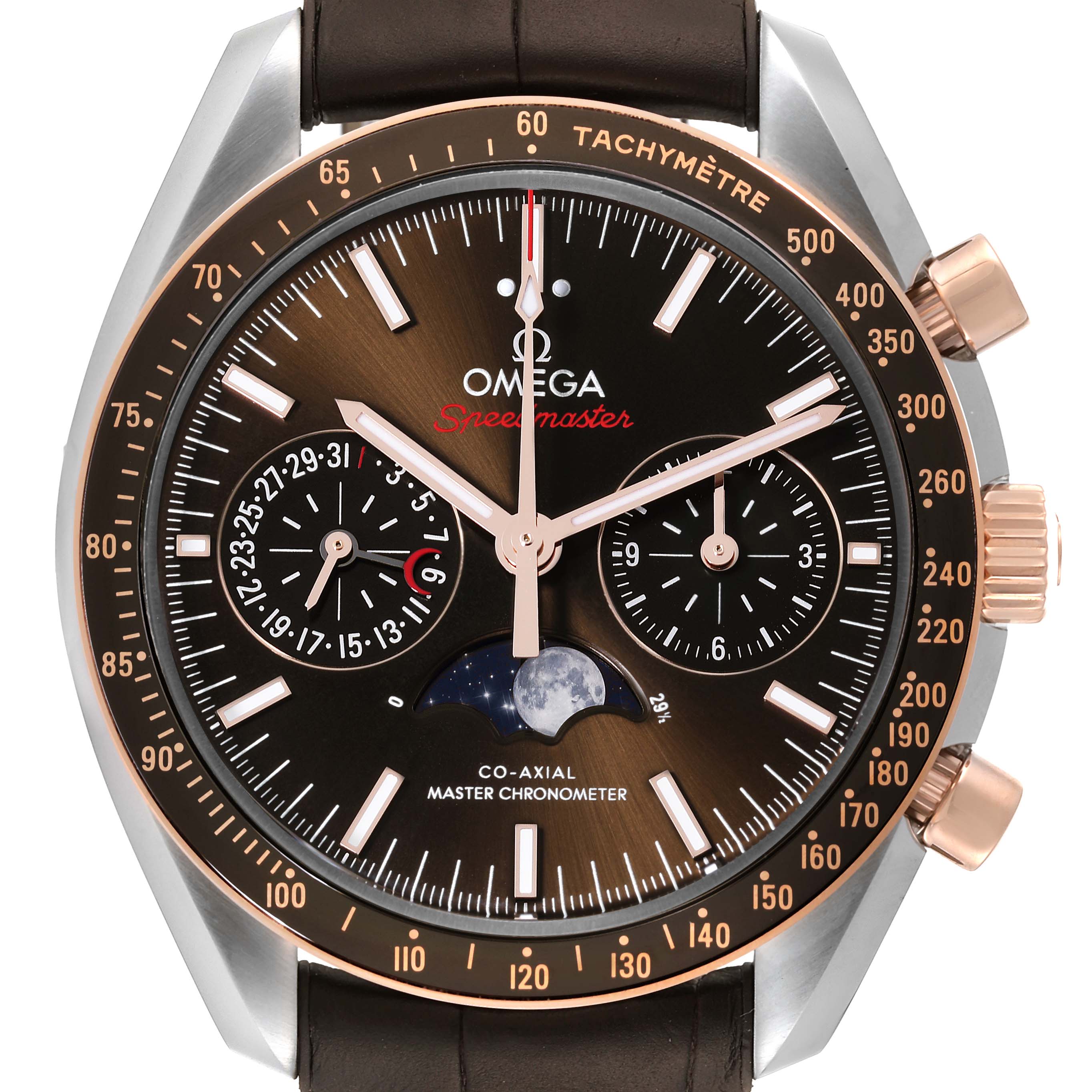 This Omega Speedmaster 304.23.44.52.13.001 Men's Stainless Steel Brown Dial 304.23.44.52.13.001 Men's Stainless Steel Brown Dial watch is shown from a front angle, displaying its face, tachymeter, sub-dials, and moon-phase indicator.