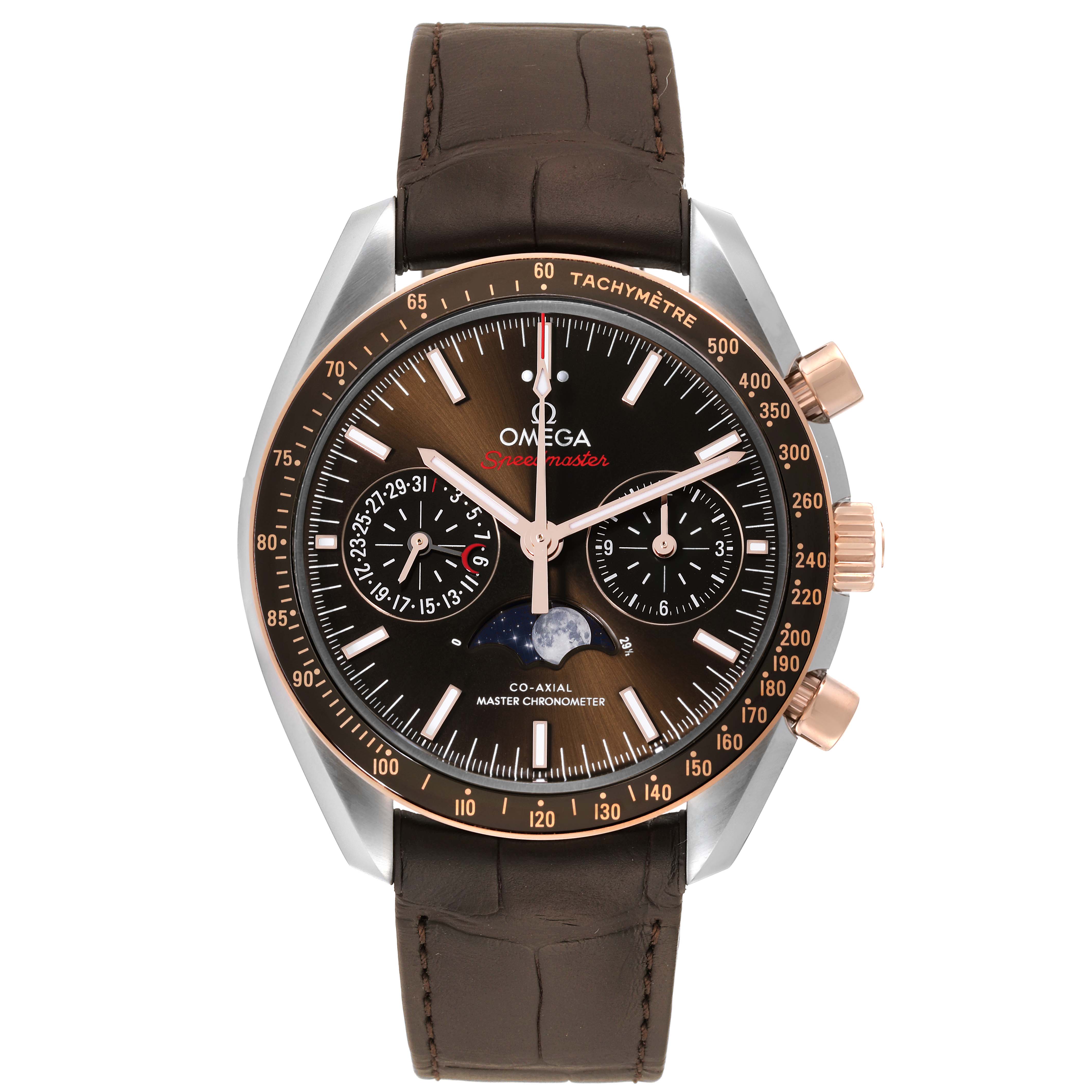The image shows a front view of an Omega Speedmaster 304.23.44.52.13.001 Men's Stainless Steel Brown Dial 304.23.44.52.13.001 Men's Stainless Steel Brown Dial watch with a brown strap, featuring a tachymeter and multiple sub-dials.