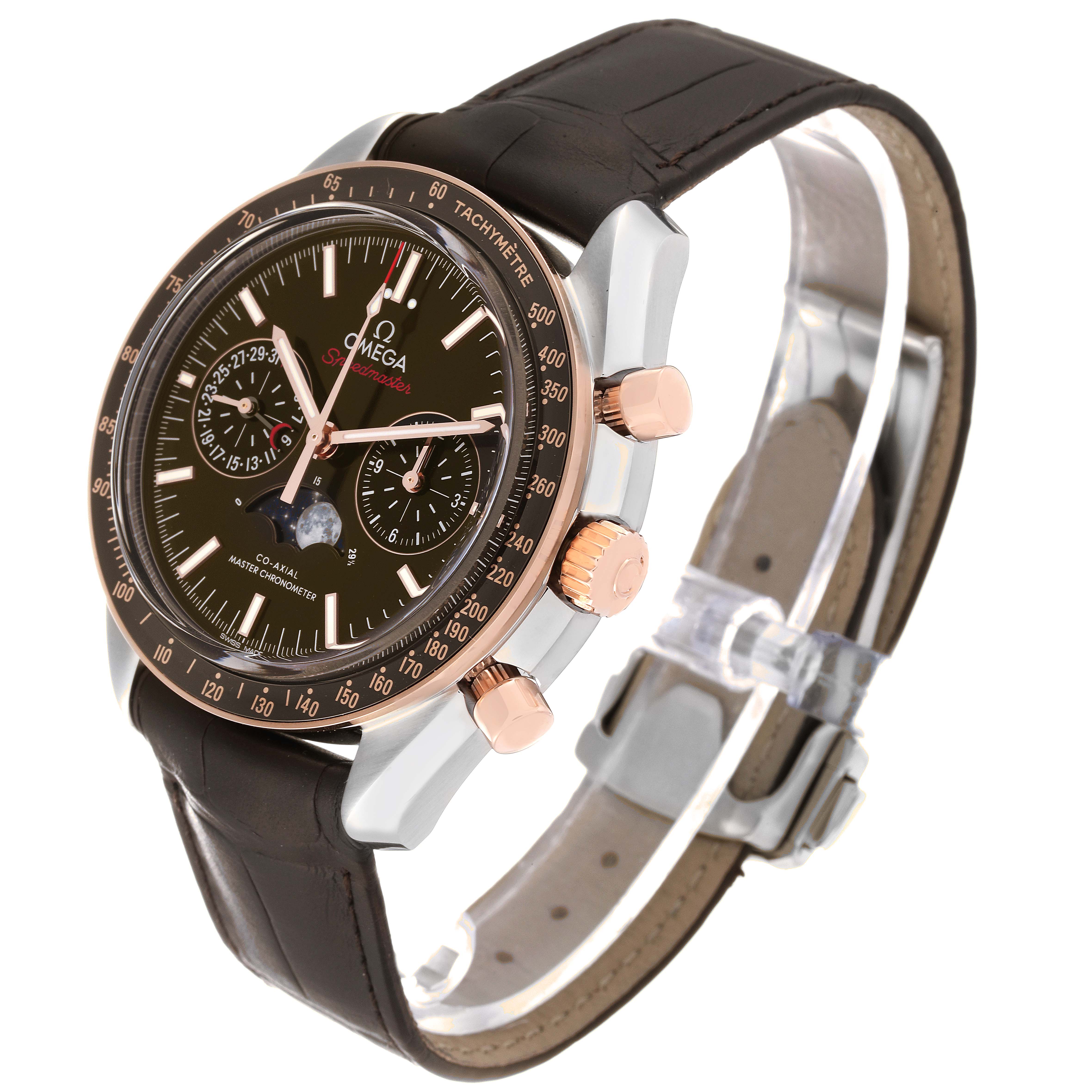 The image shows an Omega Speedmaster 304.23.44.52.13.001 Men's Stainless Steel Brown Dial 304.23.44.52.13.001 Men's Stainless Steel Brown Dial watch at a three-quarter angle, highlighting the dial, bezel, crown, and strap.
