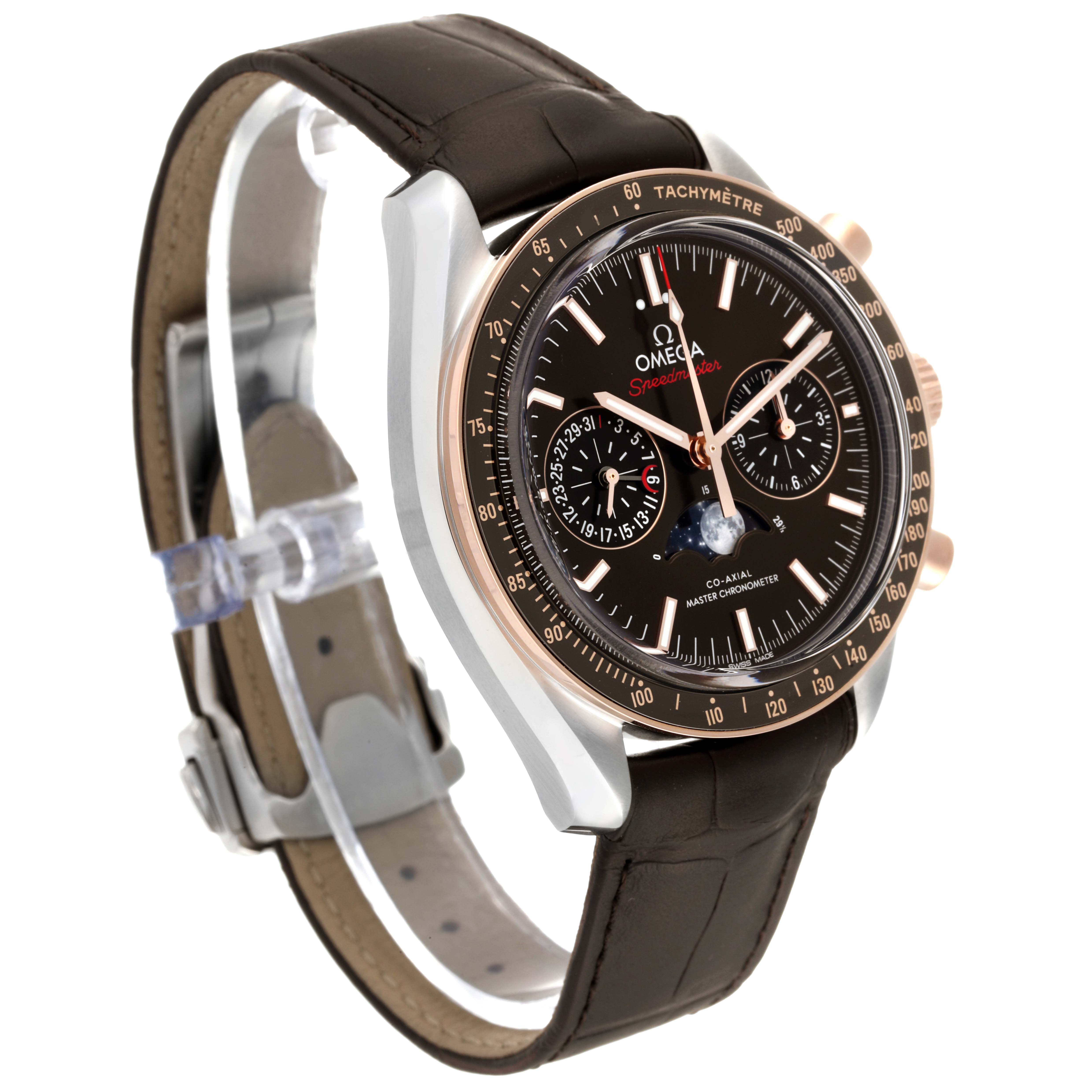 This Omega Speedmaster 304.23.44.52.13.001 Men's Stainless Steel Brown Dial 304.23.44.52.13.001 Men's Stainless Steel Brown Dial watch is shown from a front-left angle, highlighting the face, bezel, and strap.