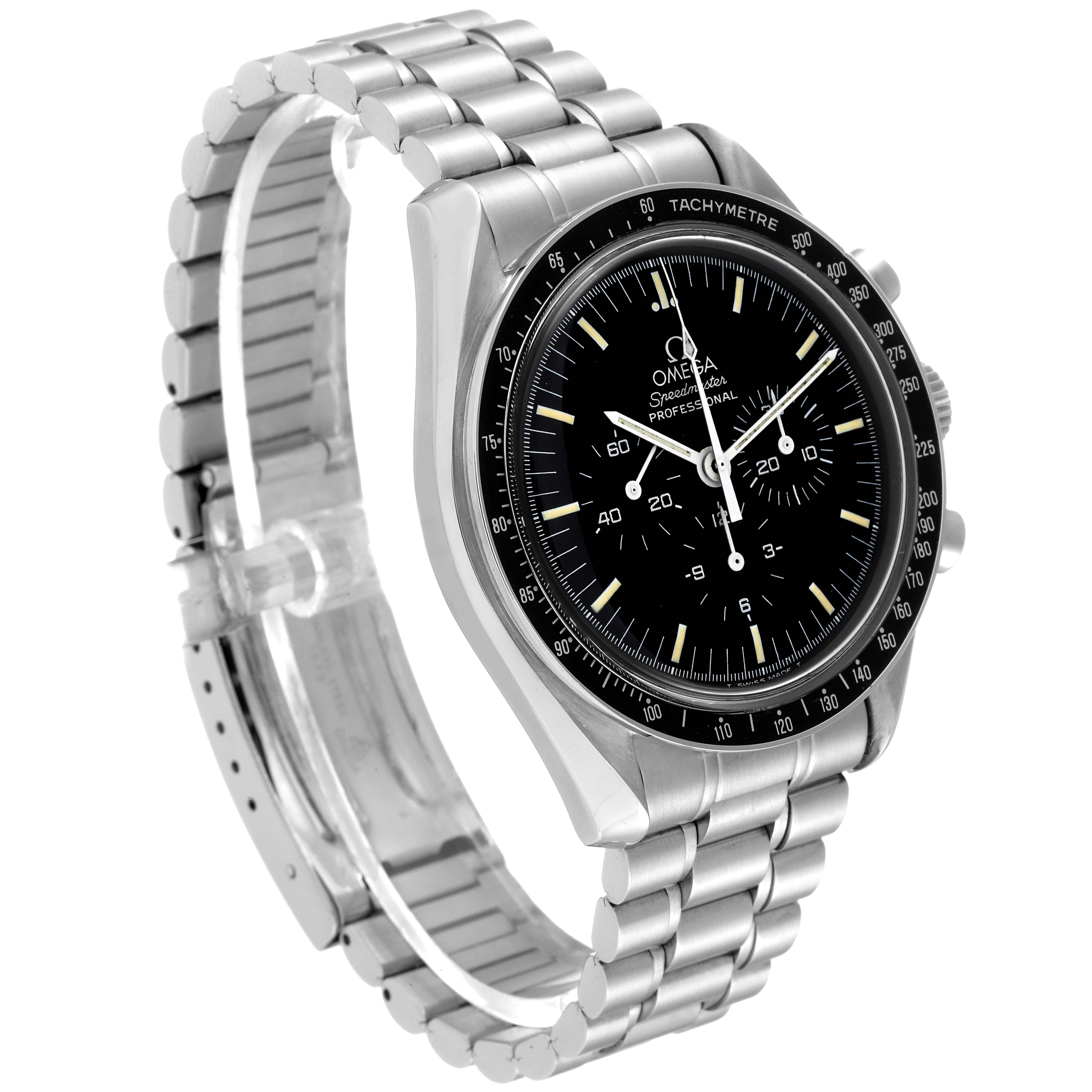 The image shows a side-angle view of an Omega Speedmaster 3592.50.00 Men
s Stainless Steel Black Dial 3592.50.00 Men
s Stainless Steel Black Dial watch, highlighting its face, bezel, and metal bracelet.