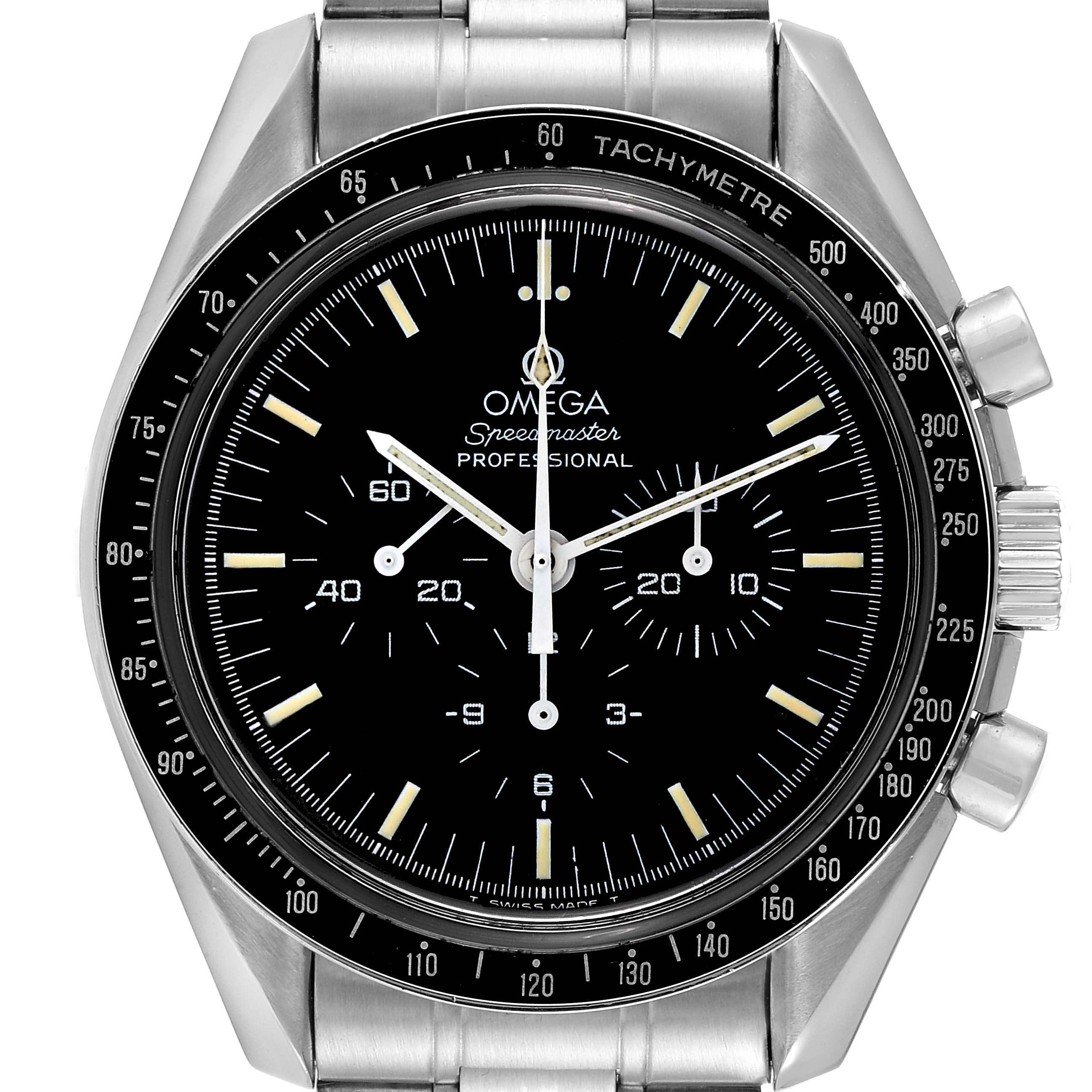 The image shows a front view of the Omega Speedmaster 3592.50.00 Men
s Stainless Steel Black Dial 3592.50.00 Men
s Stainless Steel Black Dial watch, highlighting its dial, bezel, and chronograph pushers.
