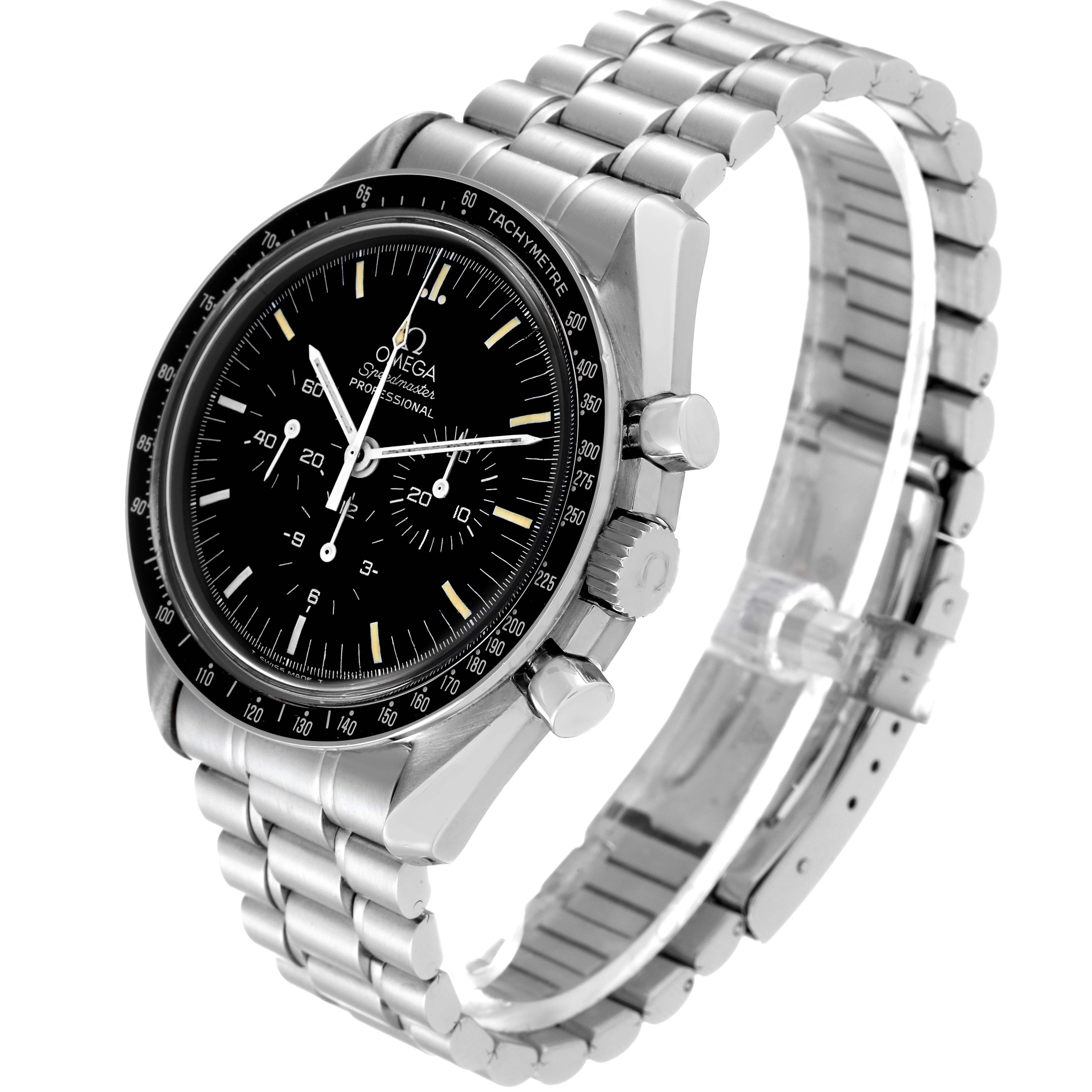 The Omega Speedmaster 3592.50.00 Men
s Stainless Steel Black Dial 3592.50.00 Men
s Stainless Steel Black Dial watch is shown at an angle, highlighting the face, crown, pushers, and metal bracelet.