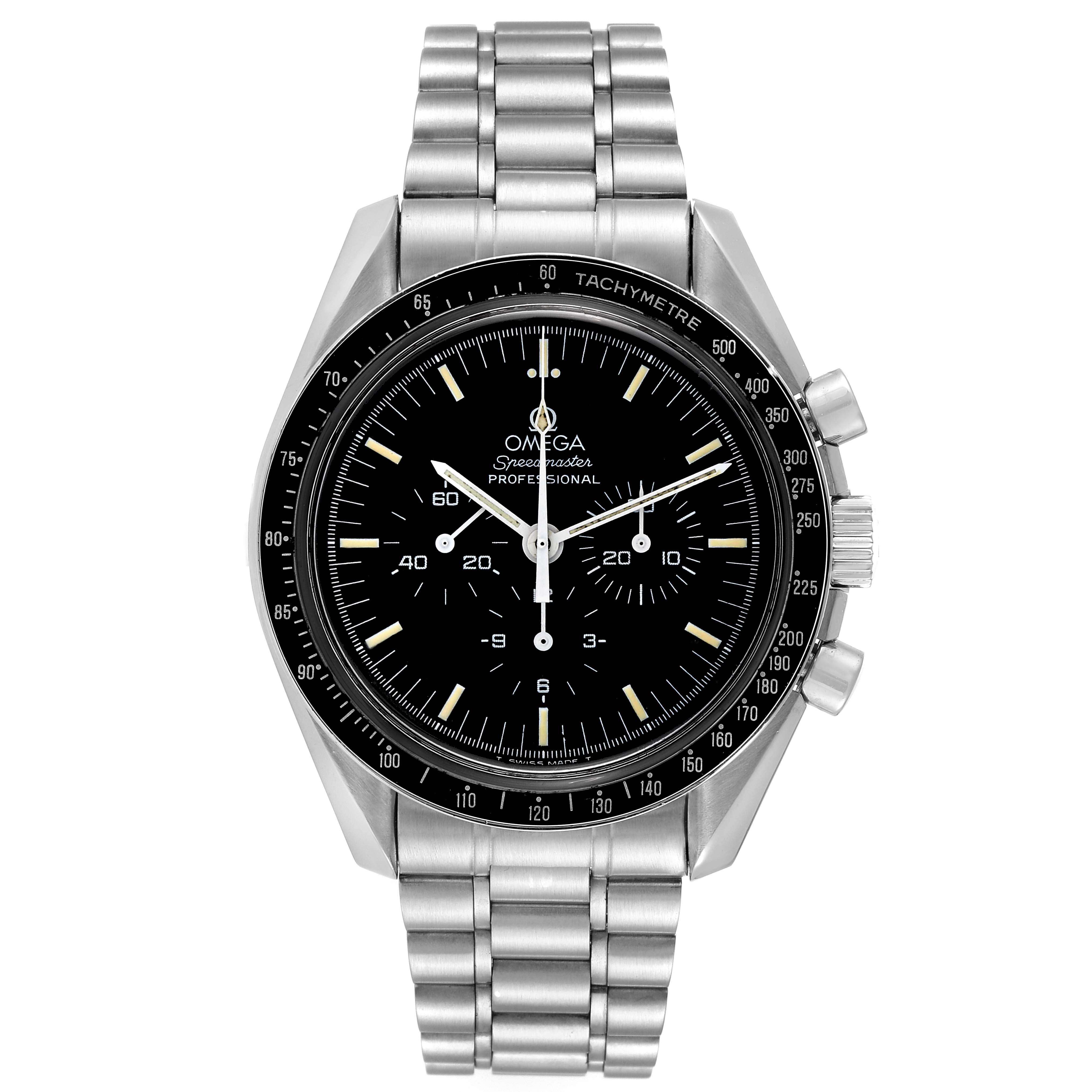 The image shows the front view of the Omega Speedmaster 3592.50.00 Men
s Stainless Steel Black Dial 3592.50.00 Men
s Stainless Steel Black Dial watch, highlighting the face, bezel, and stainless steel bracelet.