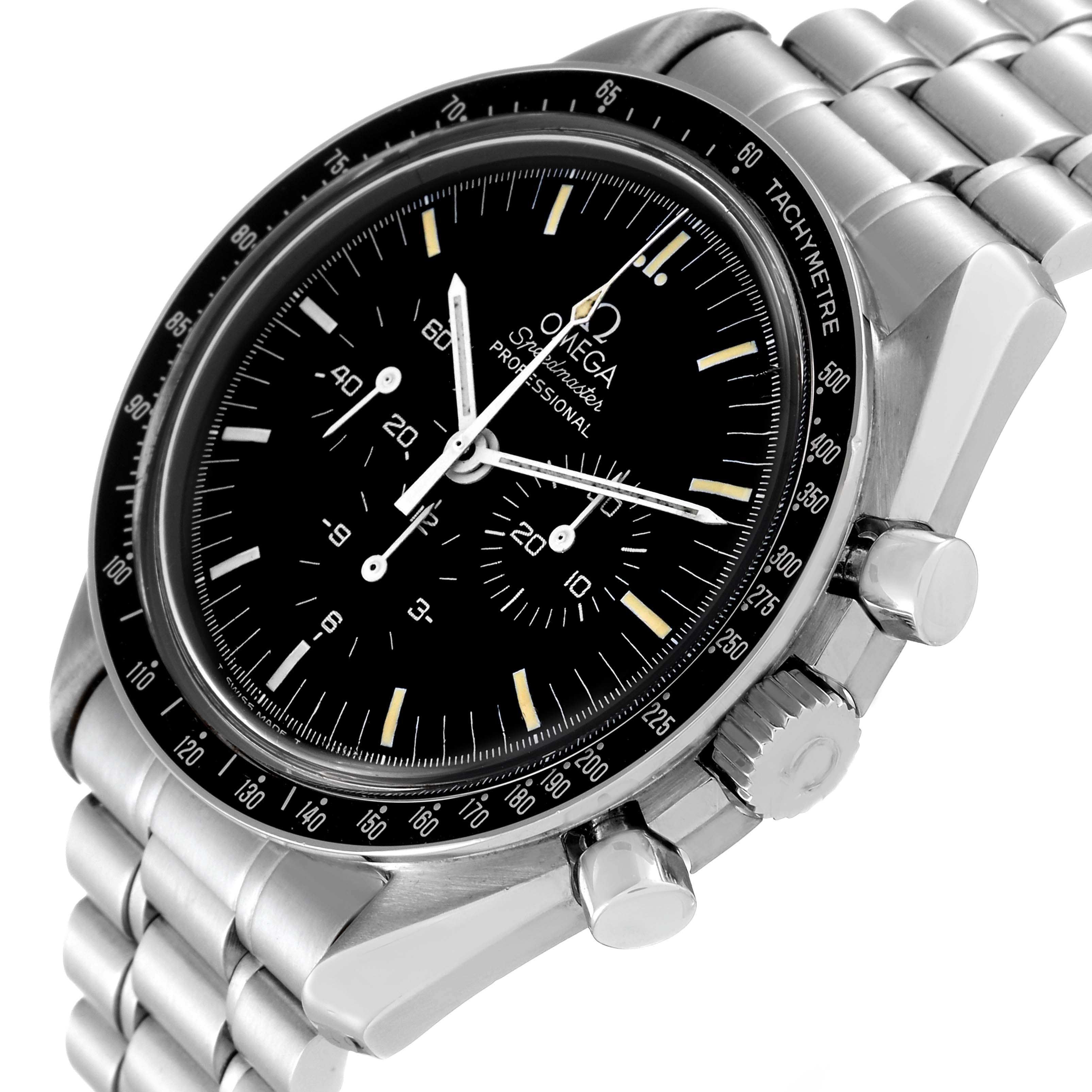 The Omega Speedmaster 3592.50.00 Men
s Stainless Steel Black Dial 3592.50.00 Men
s Stainless Steel Black Dial watch is shown at a three-quarters angle, highlighting the face, bezel, buttons, and metal bracelet.