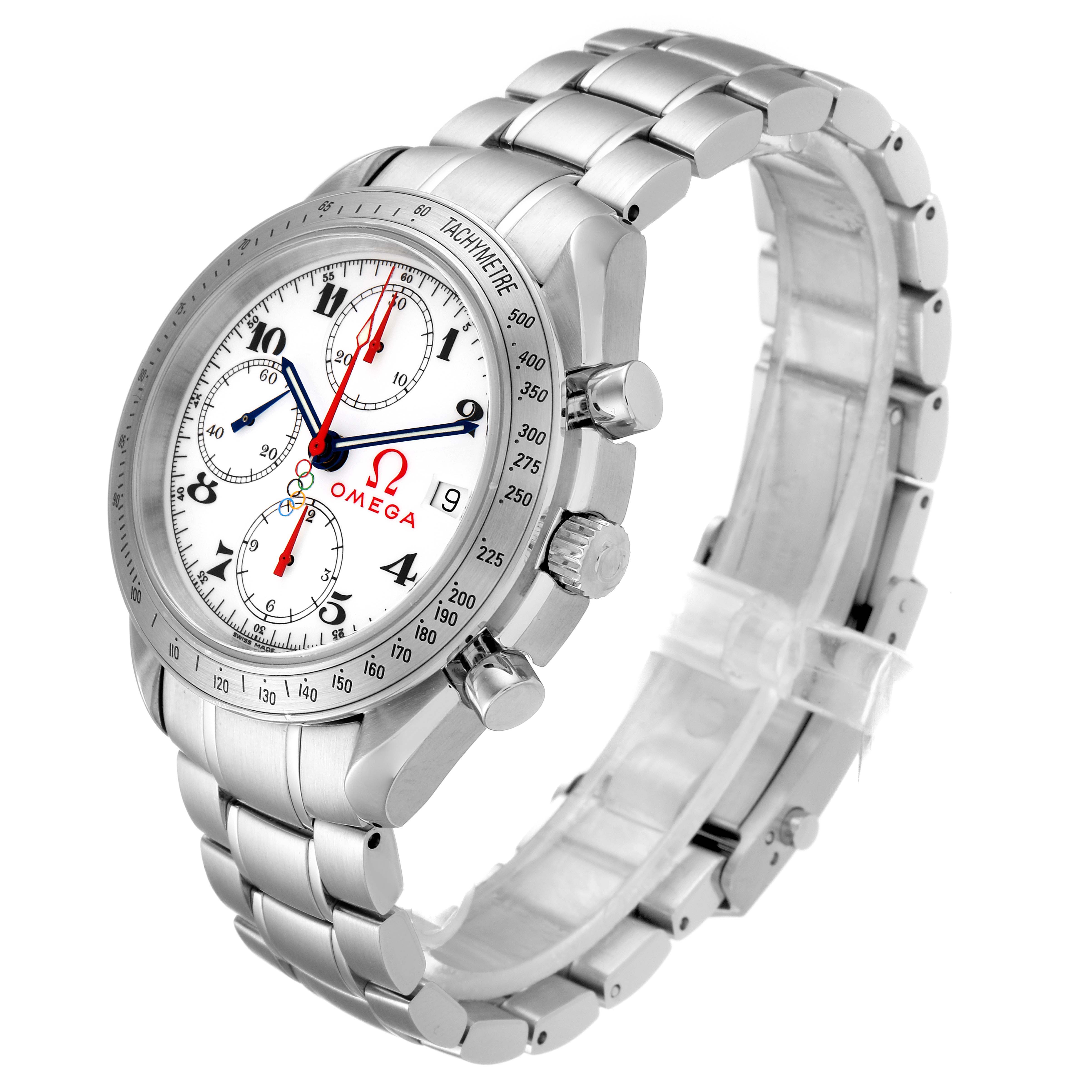 The Omega Speedmaster 323.10.40.40.04.001 Men's Stainless Steel White Dial watch is viewed from a three-quarter angle, showcasing the face, bracelet, and side pushers.