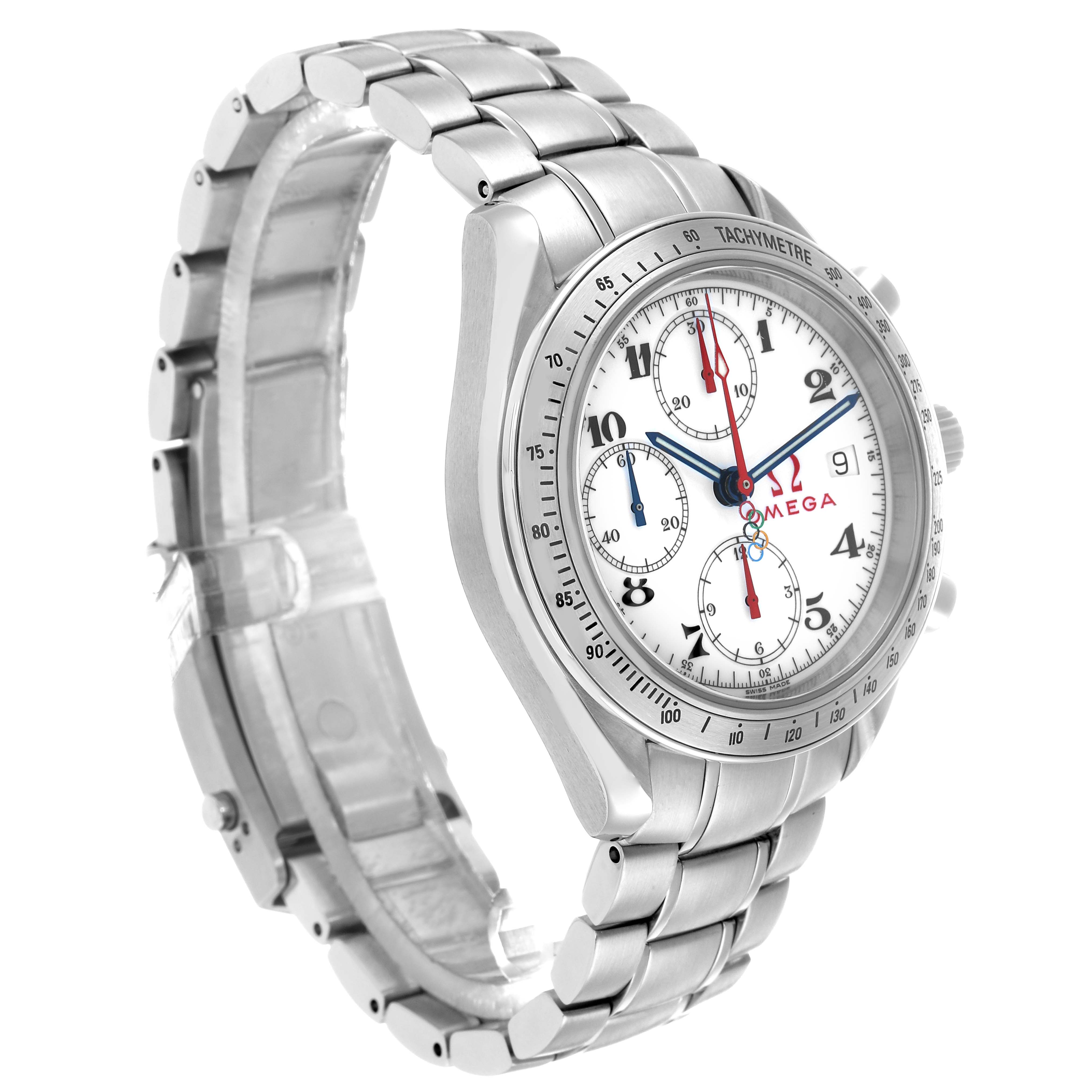 The Omega Speedmaster 323.10.40.40.04.001 Men's Stainless Steel White Dial watch is shown at a 3/4 angle, displaying the face, bezel, and metal bracelet.