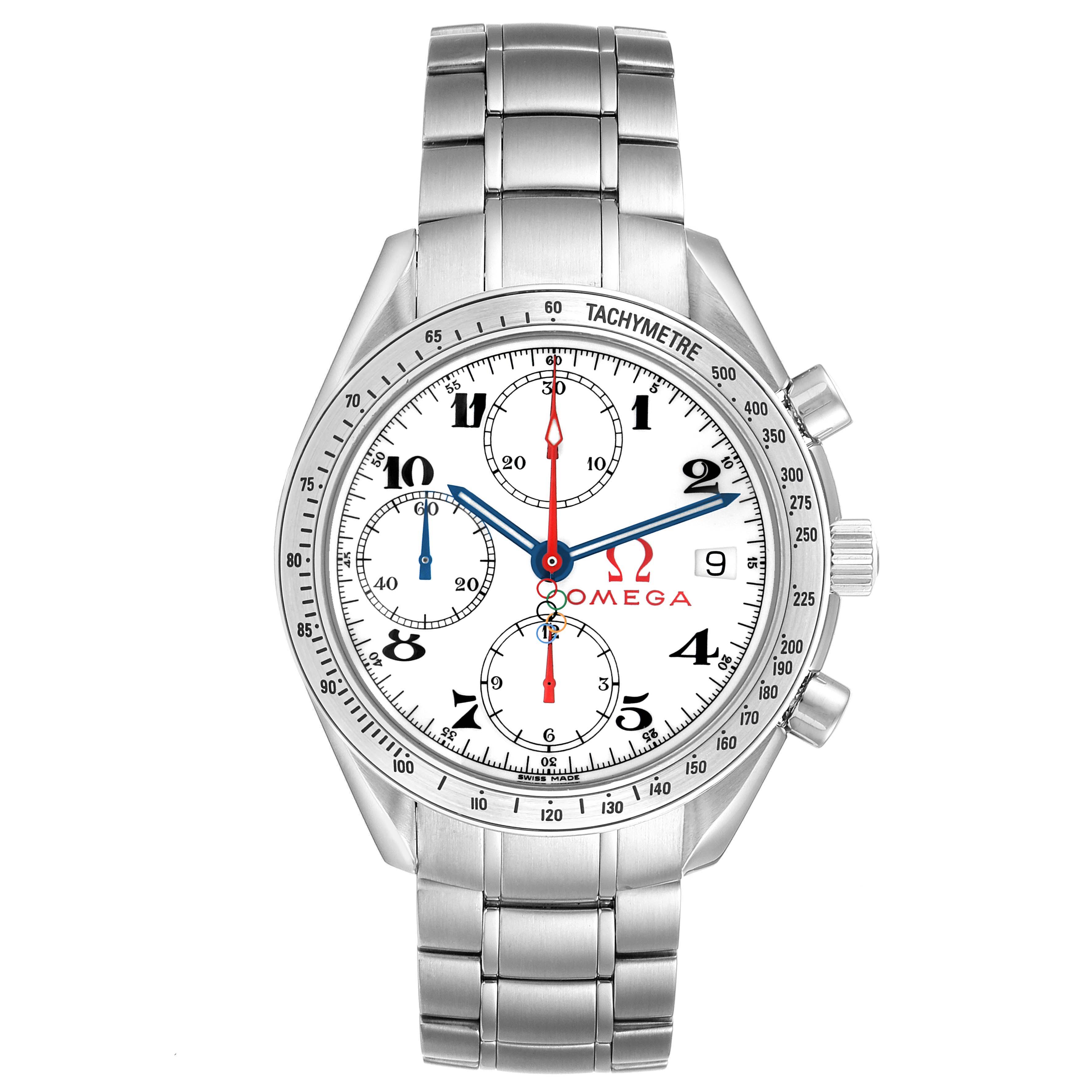 The Omega Speedmaster 323.10.40.40.04.001 Men's Stainless Steel White Dial watch is shown from a front angle, displaying the face, bezel, and part of the bracelet.