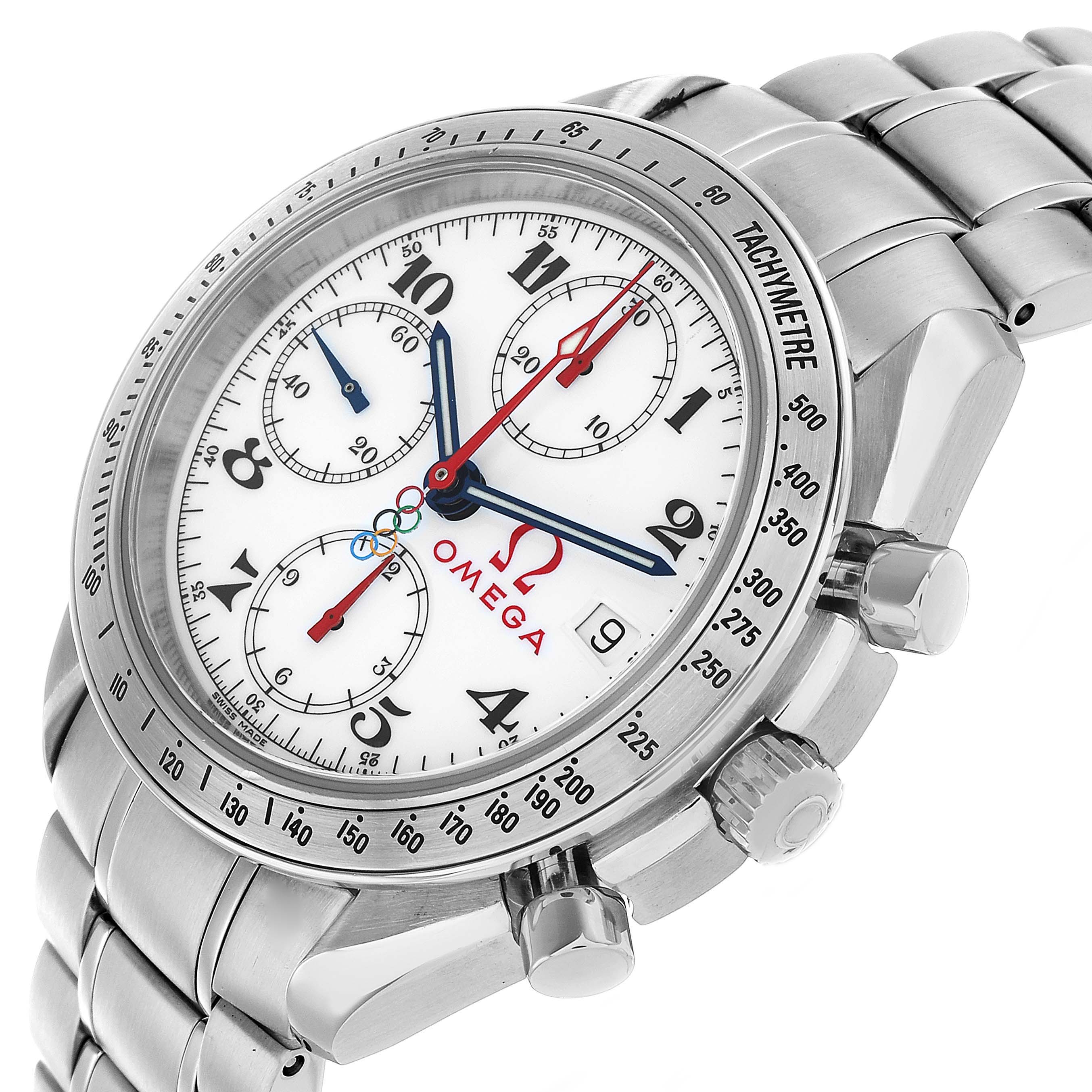 The Omega Speedmaster 323.10.40.40.04.001 Men's Stainless Steel White Dial is shown at an angle highlighting the face, bezel, crown, and part of the bracelet.