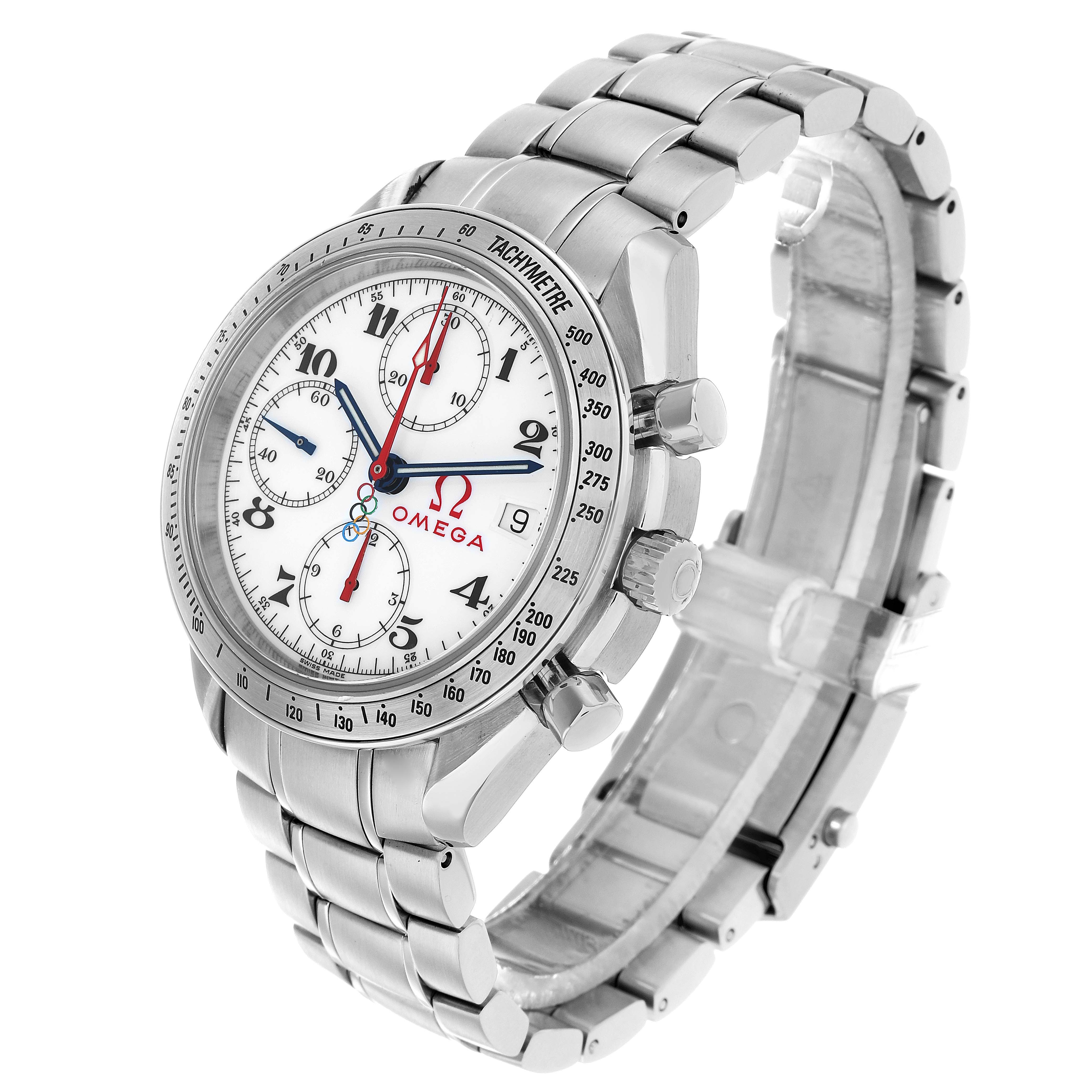 The Omega Speedmaster 323.10.40.40.04.001 Men's Stainless Steel White Dial watch is shown at a three-quarter angle, highlighting the face, bezel, and bracelet.