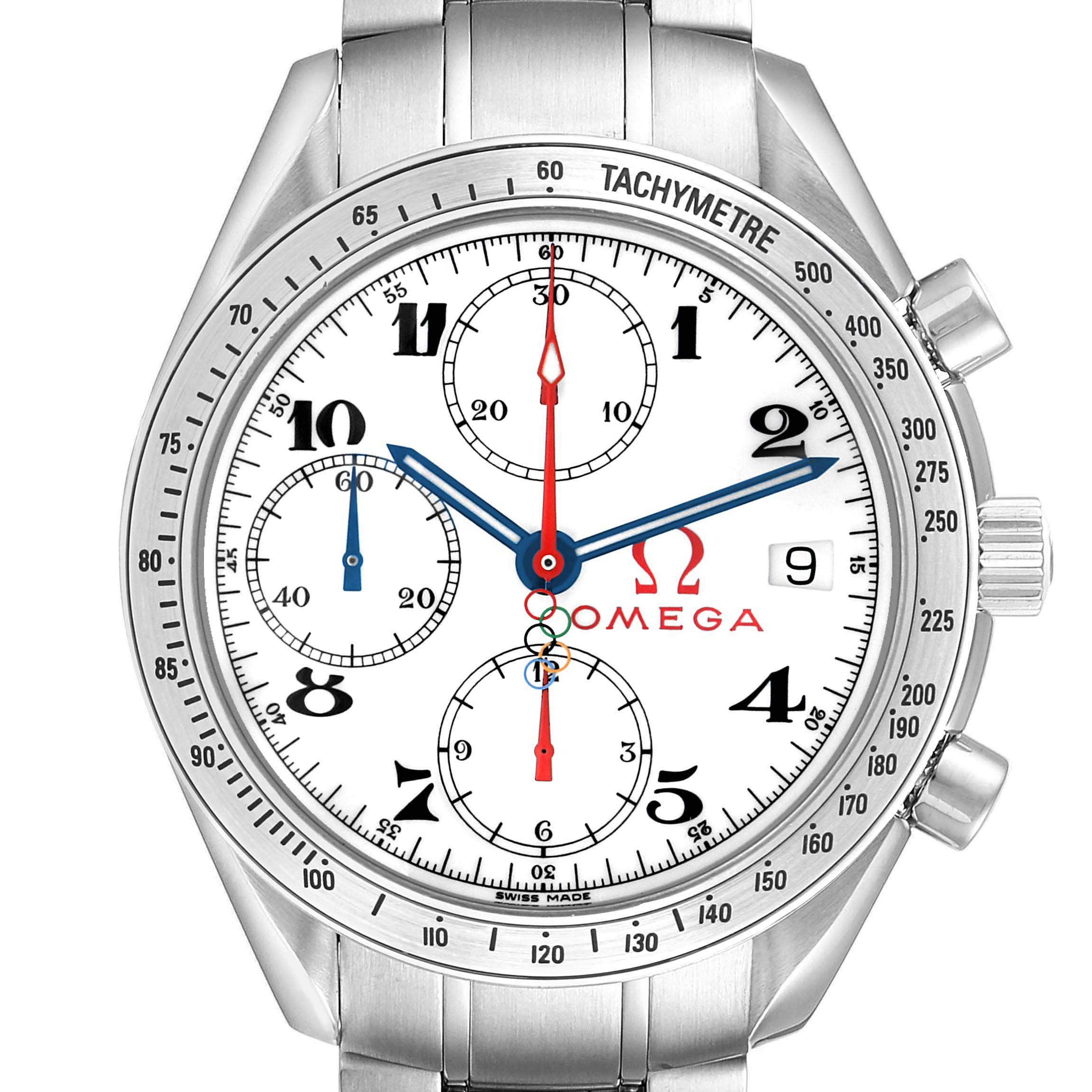 The Omega Speedmaster 323.10.40.40.04.001 Men's Stainless Steel White Dial watch is shown from the front, displaying its dial, tachymeter bezel, and chronograph subdials.