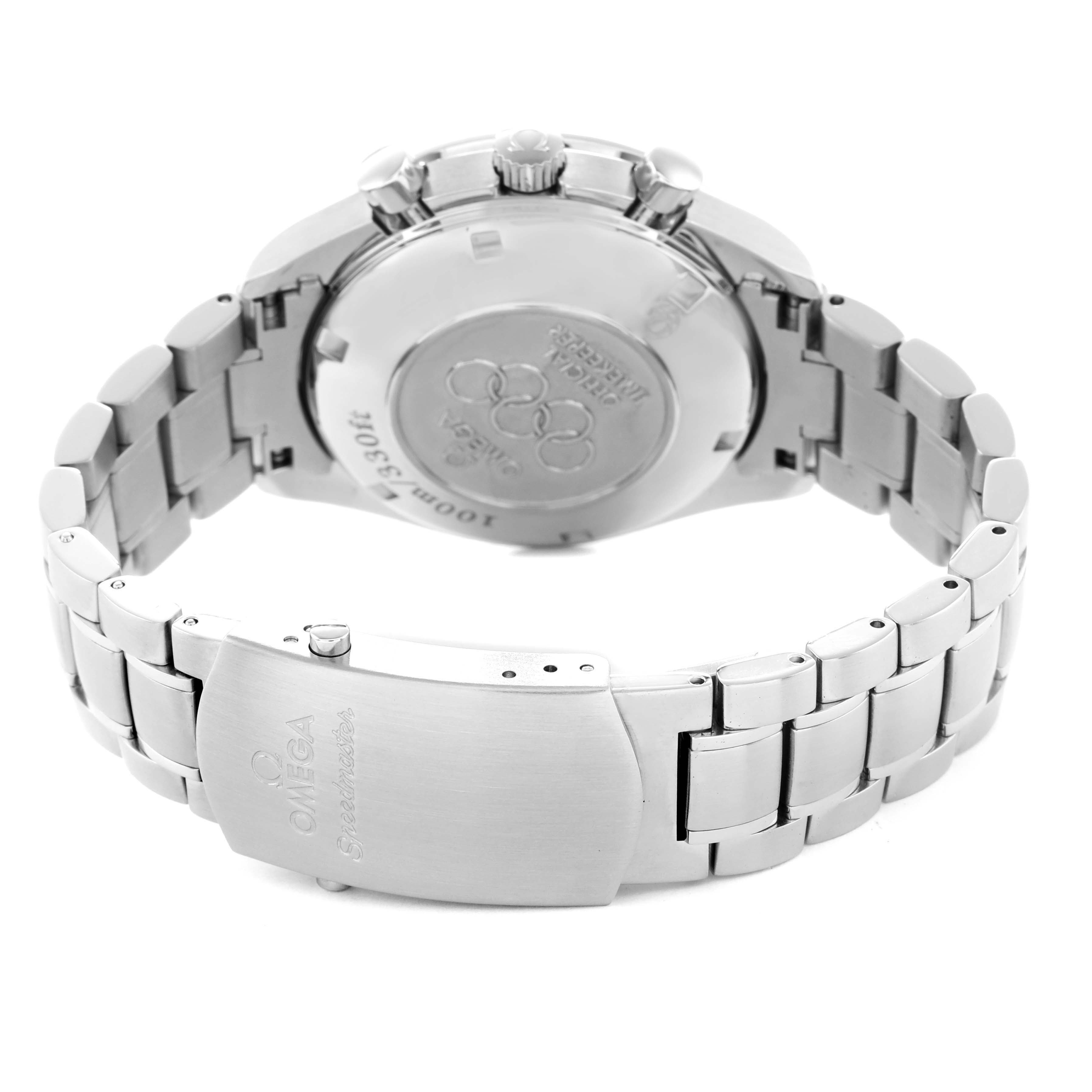 The Omega Speedmaster 323.10.40.40.04.001 Men's Stainless Steel White Dial is shown from the back, highlighting the bracelet clasp and case back with the embossed logo.