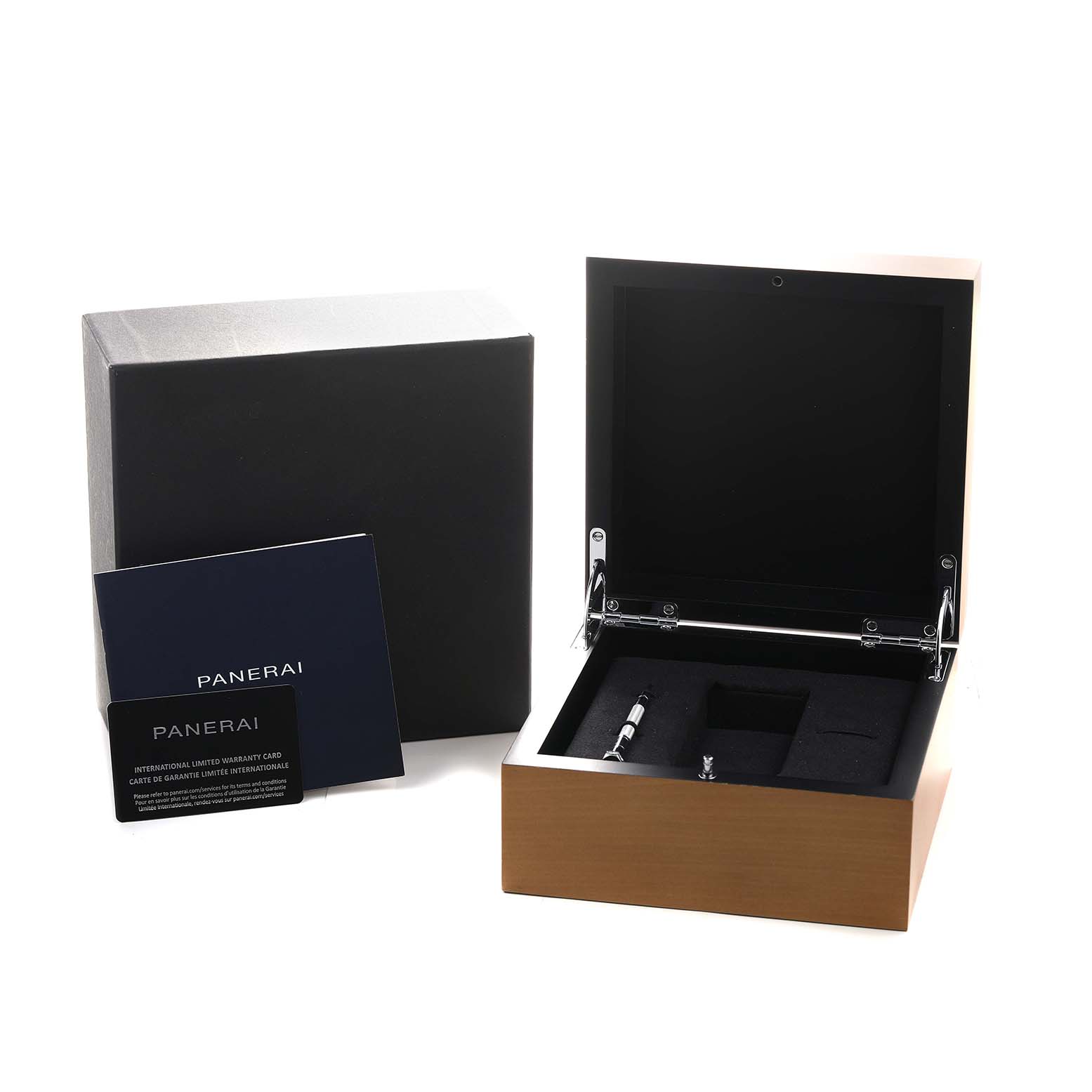 The image shows an open Panerai Luminor PAM01342 Men's Stainless Steel White Dial watch box at a front angle with papers and a warranty card beside it.