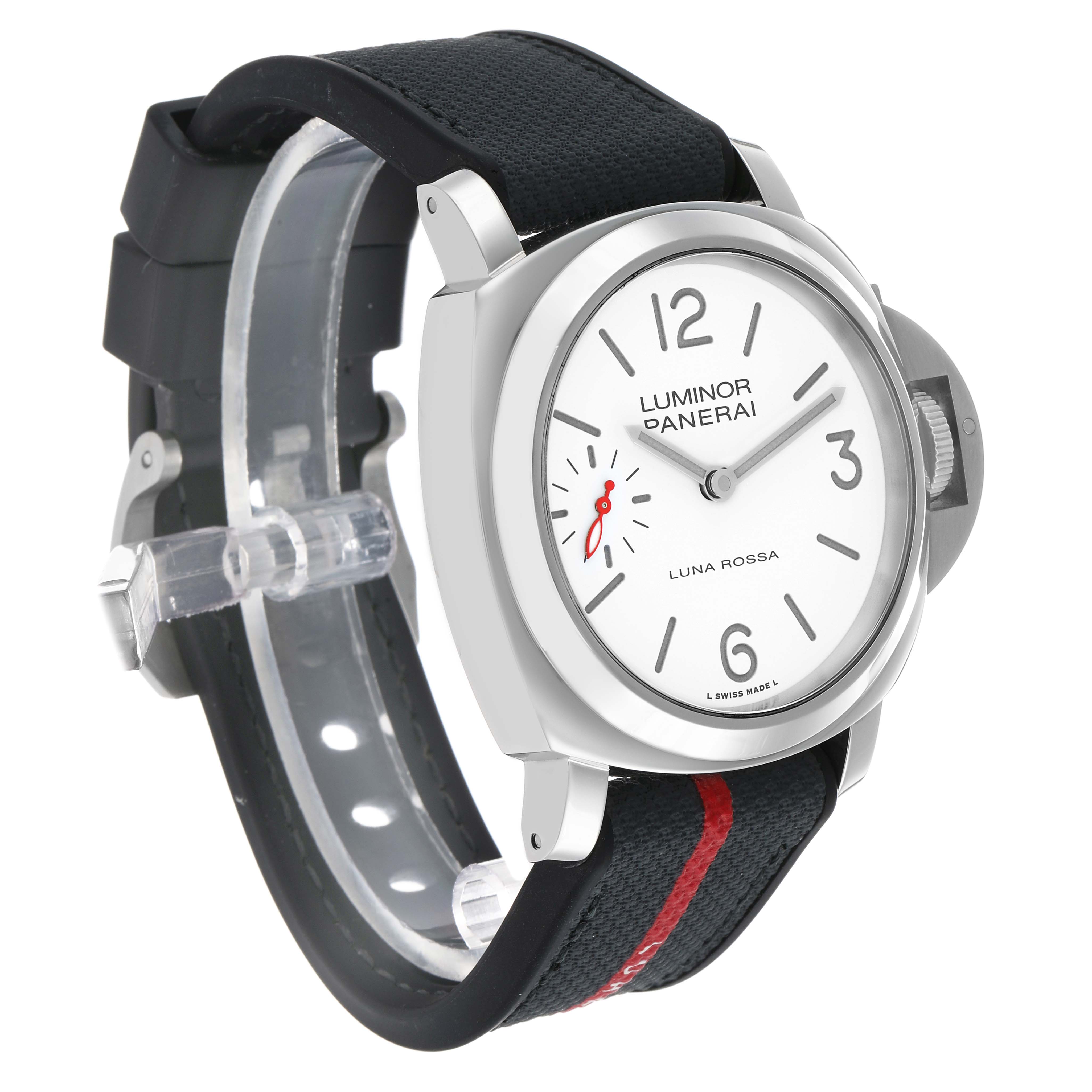 The Panerai Luminor PAM01342 Men's Stainless Steel White Dial model is shown at a three-quarter angle, highlighting the face, crown guard, and textured strap.