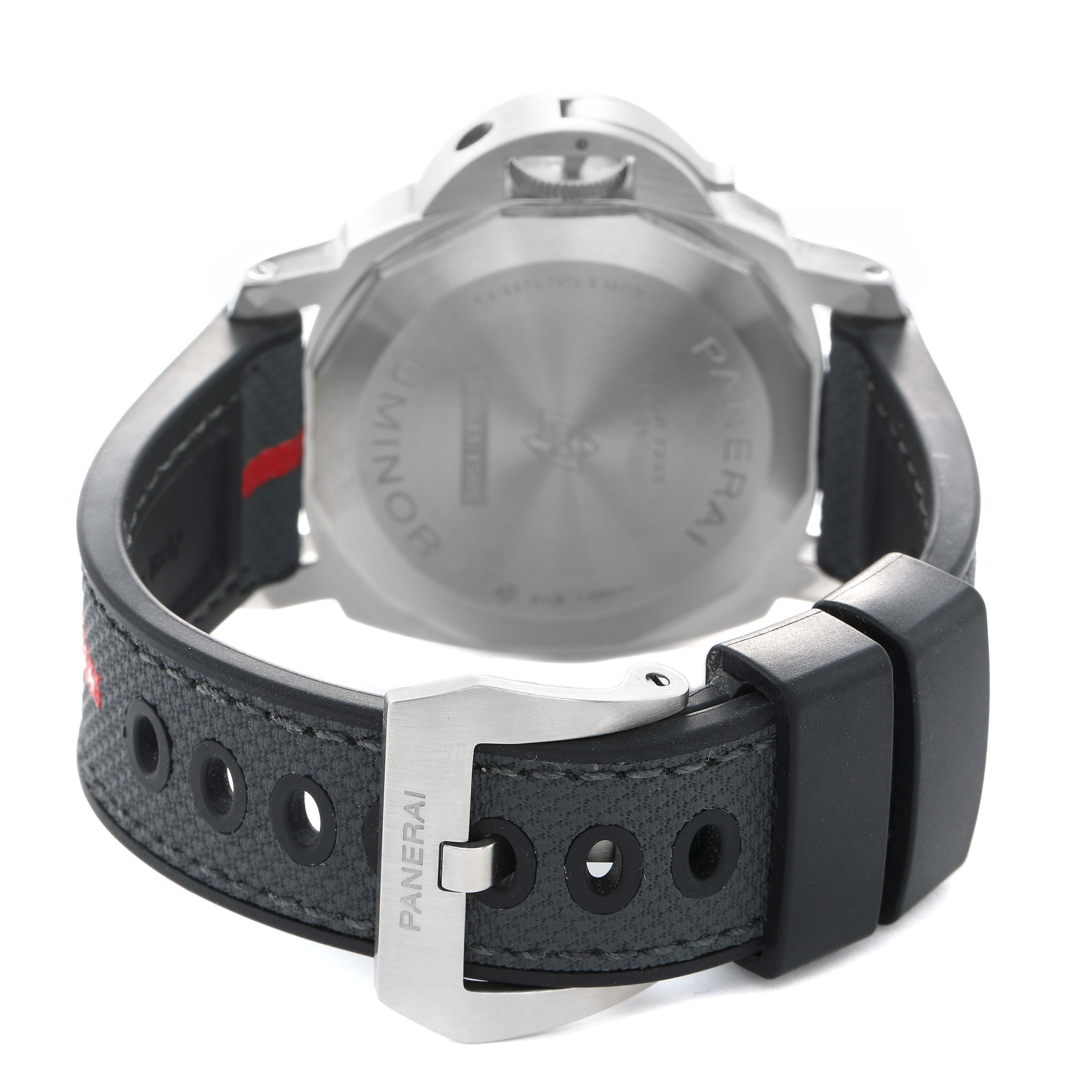 The image shows the back of a Panerai Luminor PAM01342 Men's Stainless Steel White Dial watch, highlighting the case back and buckle.