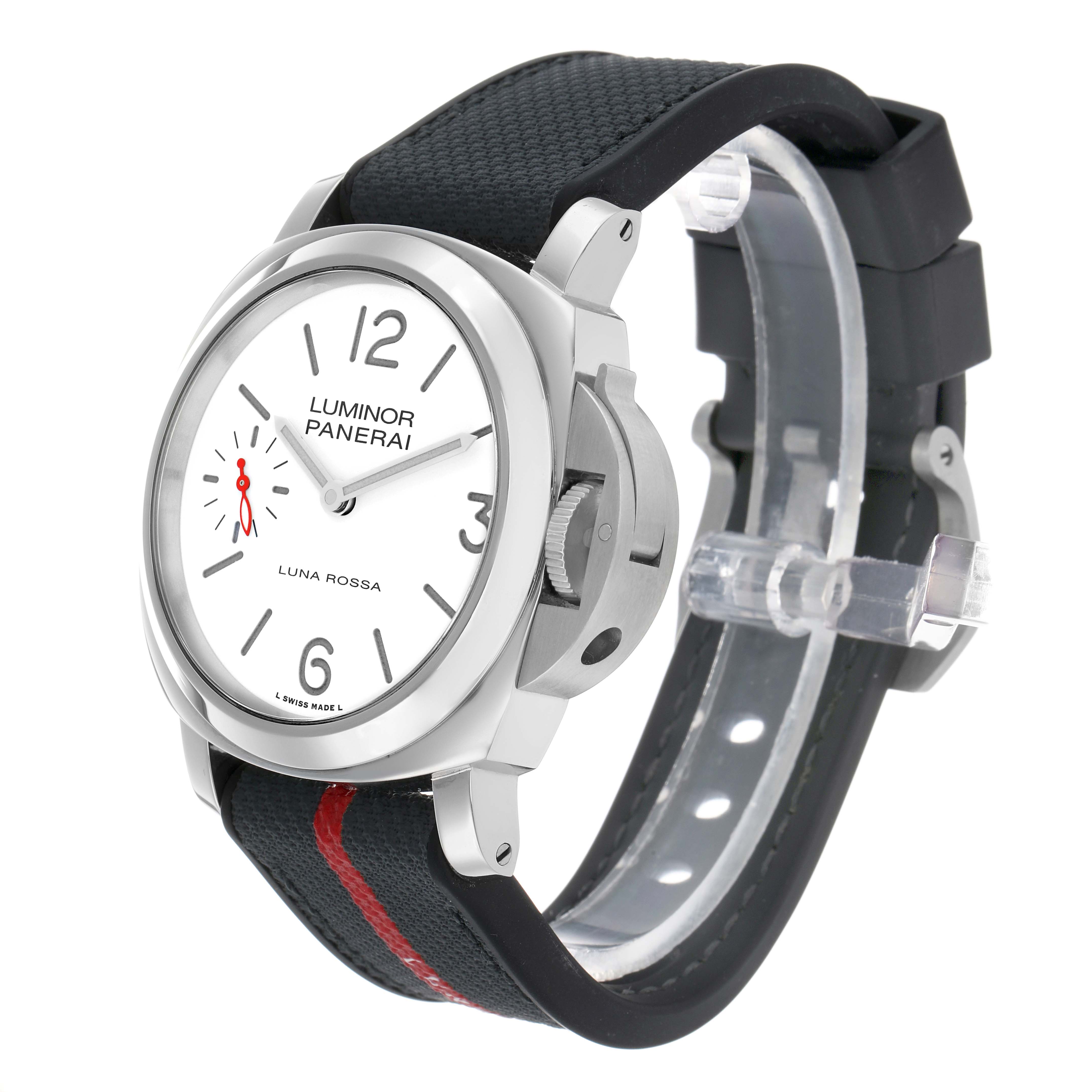 The Panerai Luminor PAM01342 Men's Stainless Steel White Dial watch is shown at a three-quarter angle, displaying the face, crown guard, and strap.