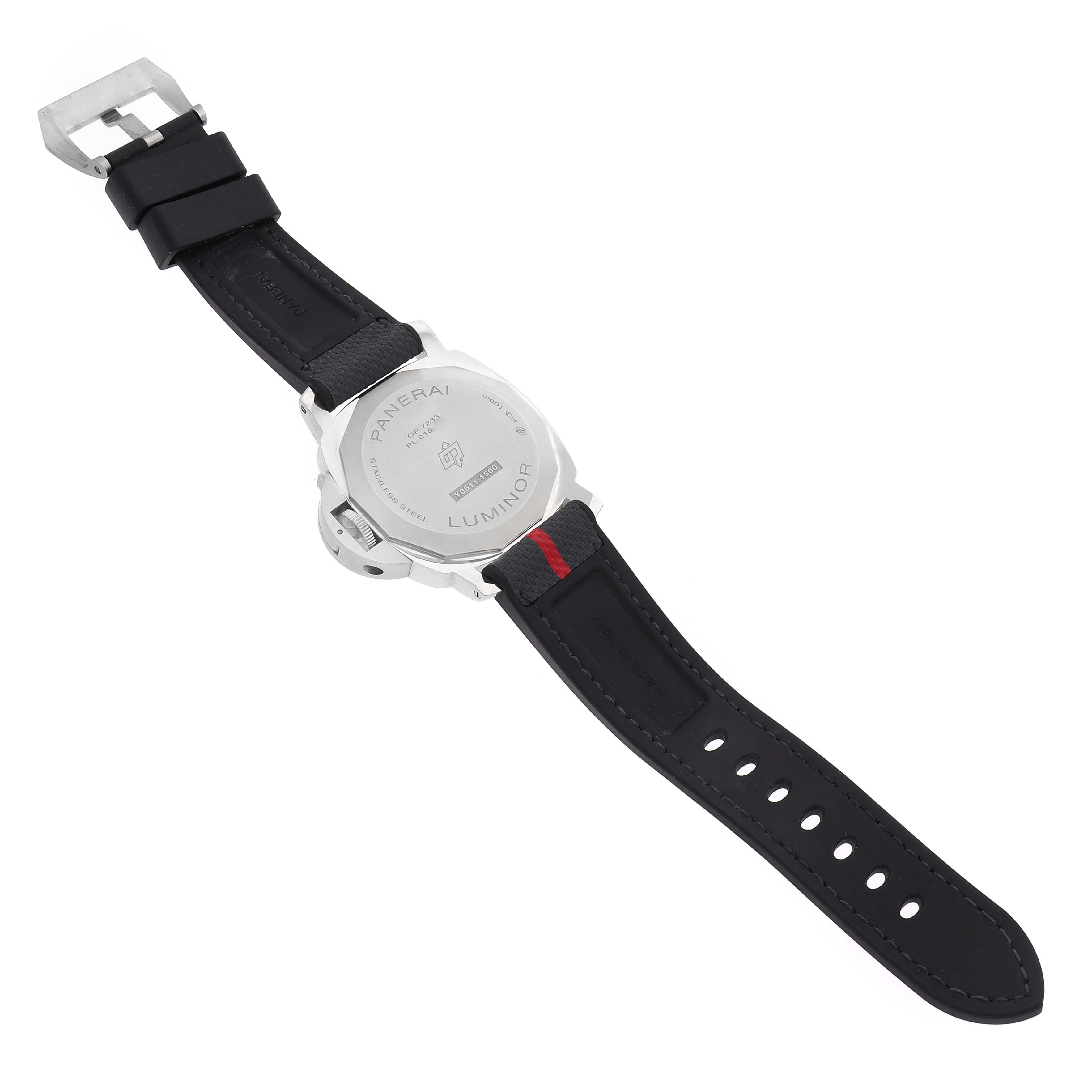 The image shows the back of a Panerai Luminor PAM01342 Men's Stainless Steel White Dial watch, highlighting the case back, strap, and buckle.