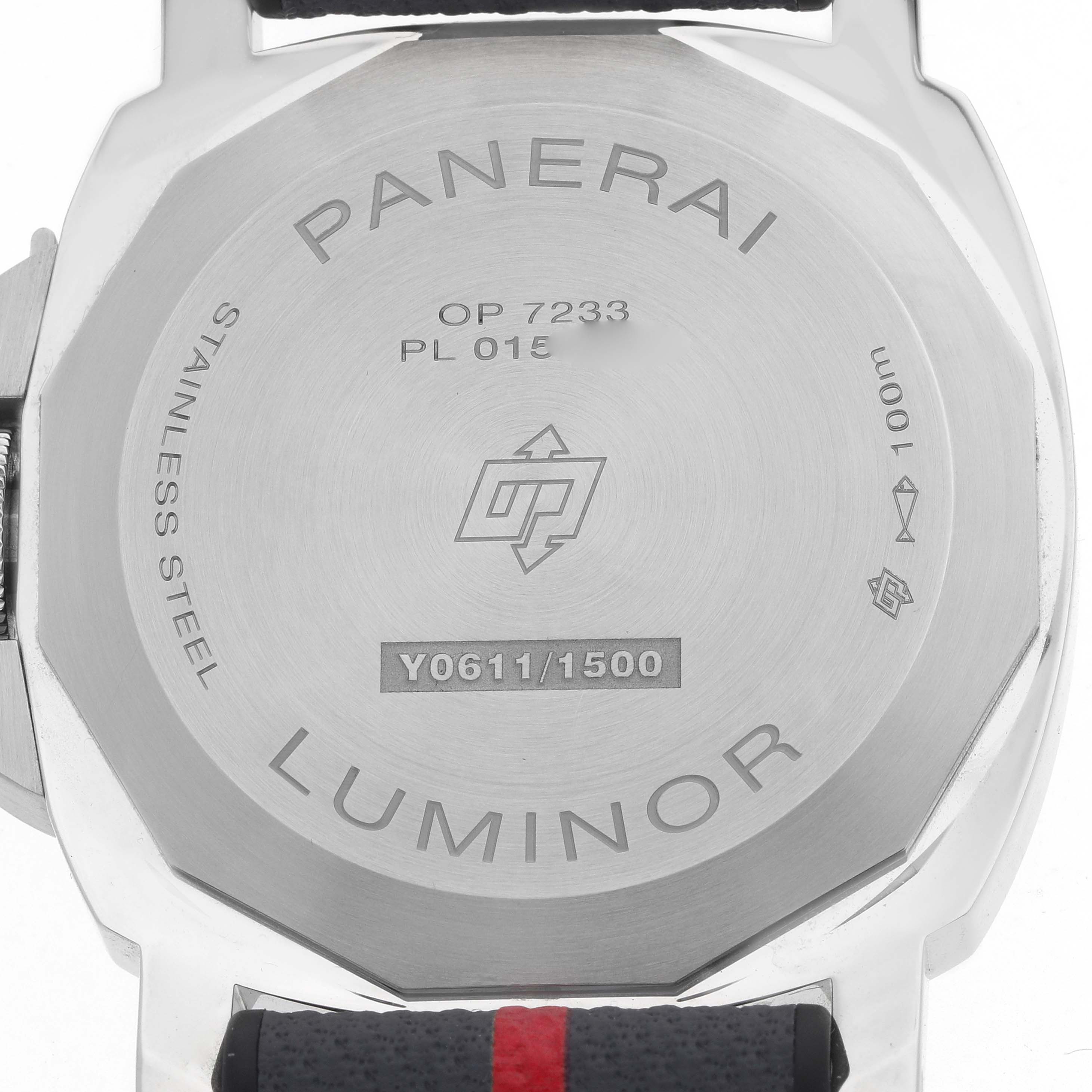 The image shows the back case of a Panerai Luminor PAM01342 Men's Stainless Steel White Dial watch, highlighting model details and serial information.