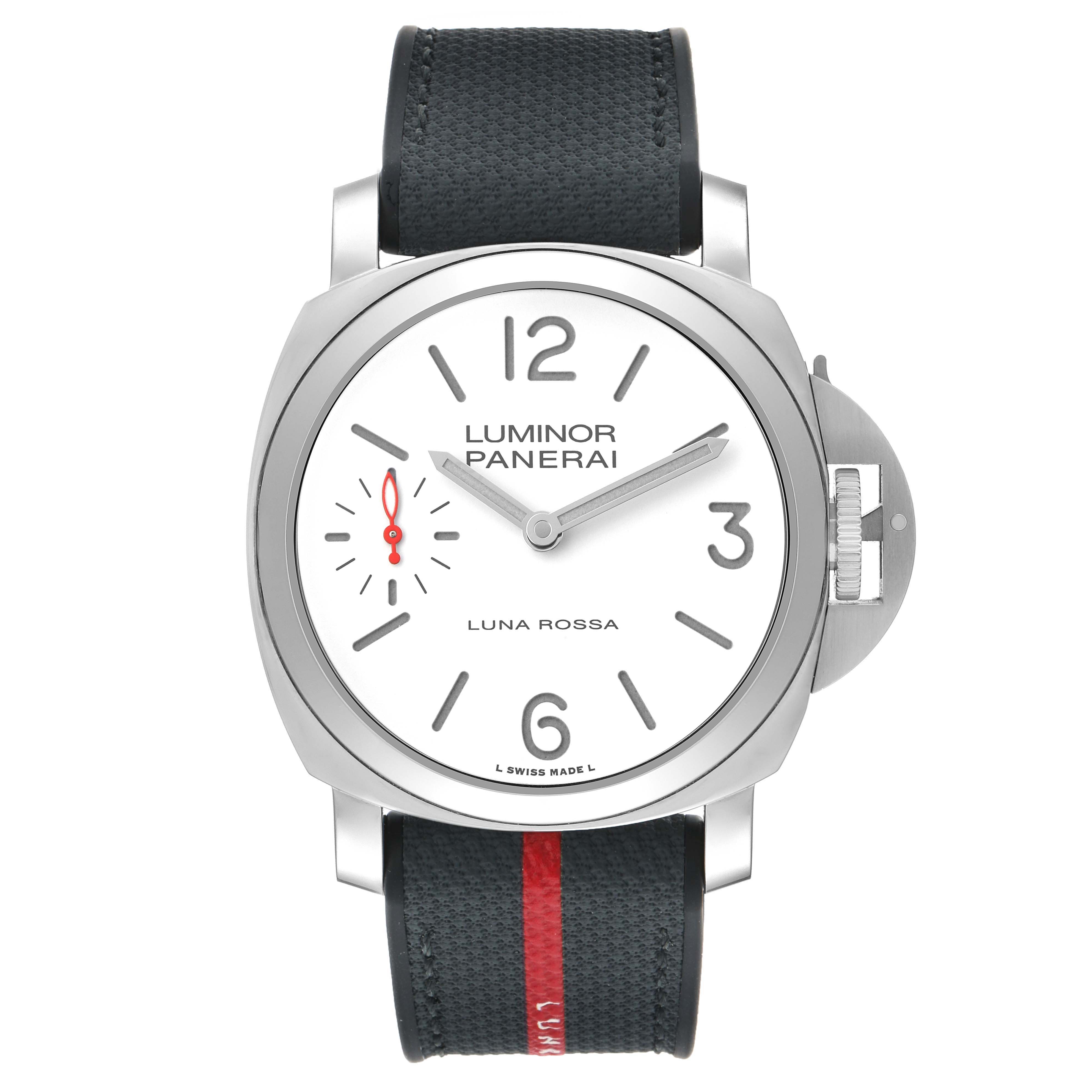 The image shows a frontal view of a Panerai Luminor PAM01342 Men's Stainless Steel White Dial watch, featuring its face, strap, and unique crown guard.