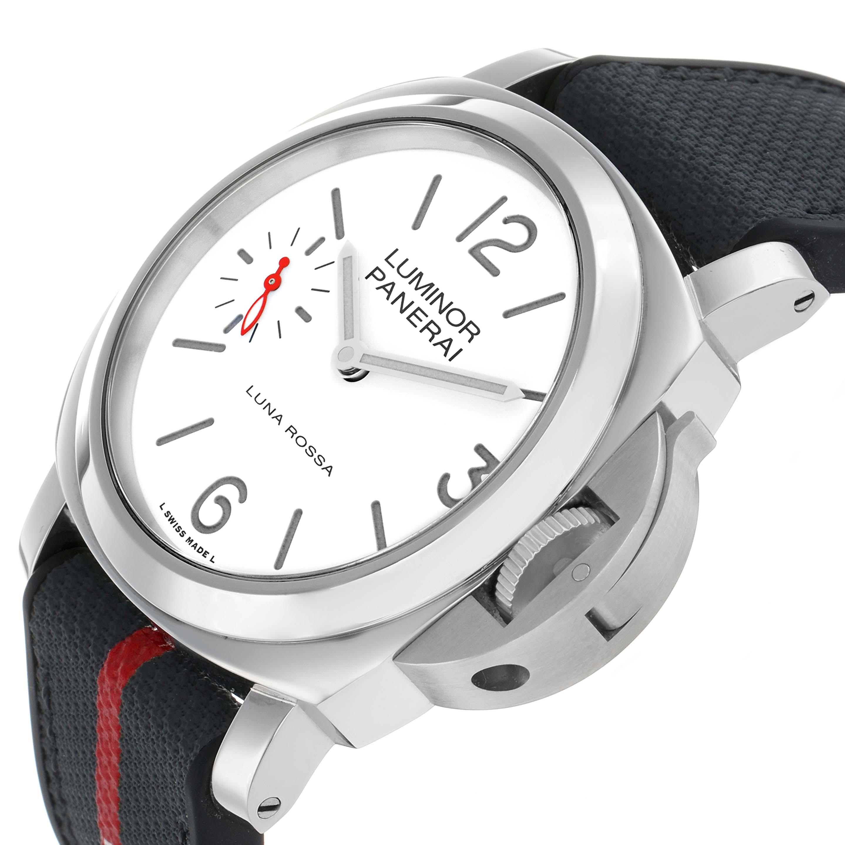 The Panerai Luminor PAM01342 Men's Stainless Steel White Dial watch is shown at a three-quarter angle, displaying its dial, crown guard, and strap with a red stripe.
