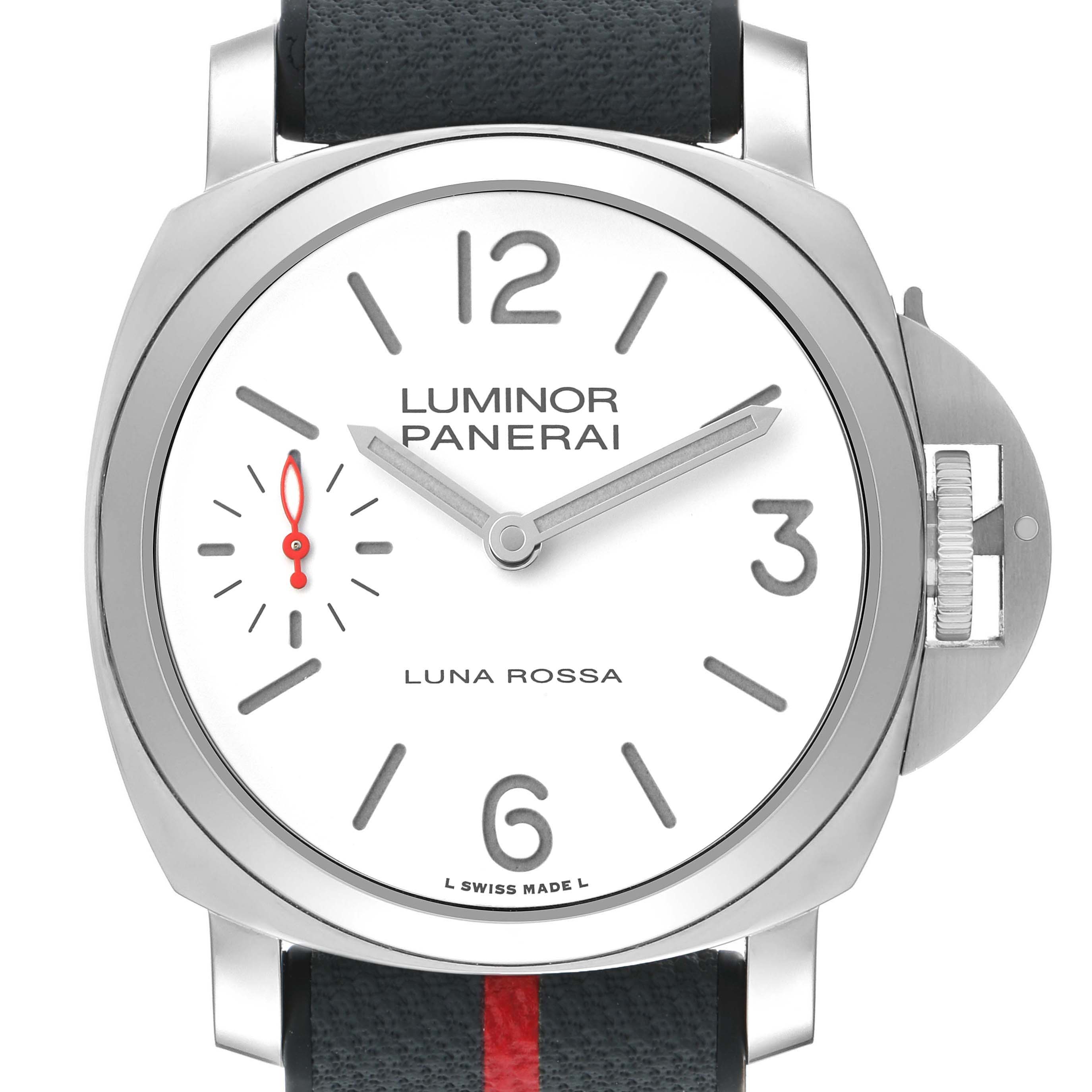 The Panerai Luminor PAM01342 Men's Stainless Steel White Dial watch is shown front-facing, displaying its dial, crown guard, and black strap with a red stripe.