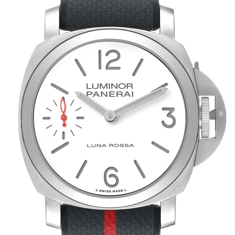 The Panerai Luminor PAM01342 Men's Stainless Steel White Dial watch is shown front-facing, displaying its dial, crown guard, and black strap with a red stripe.