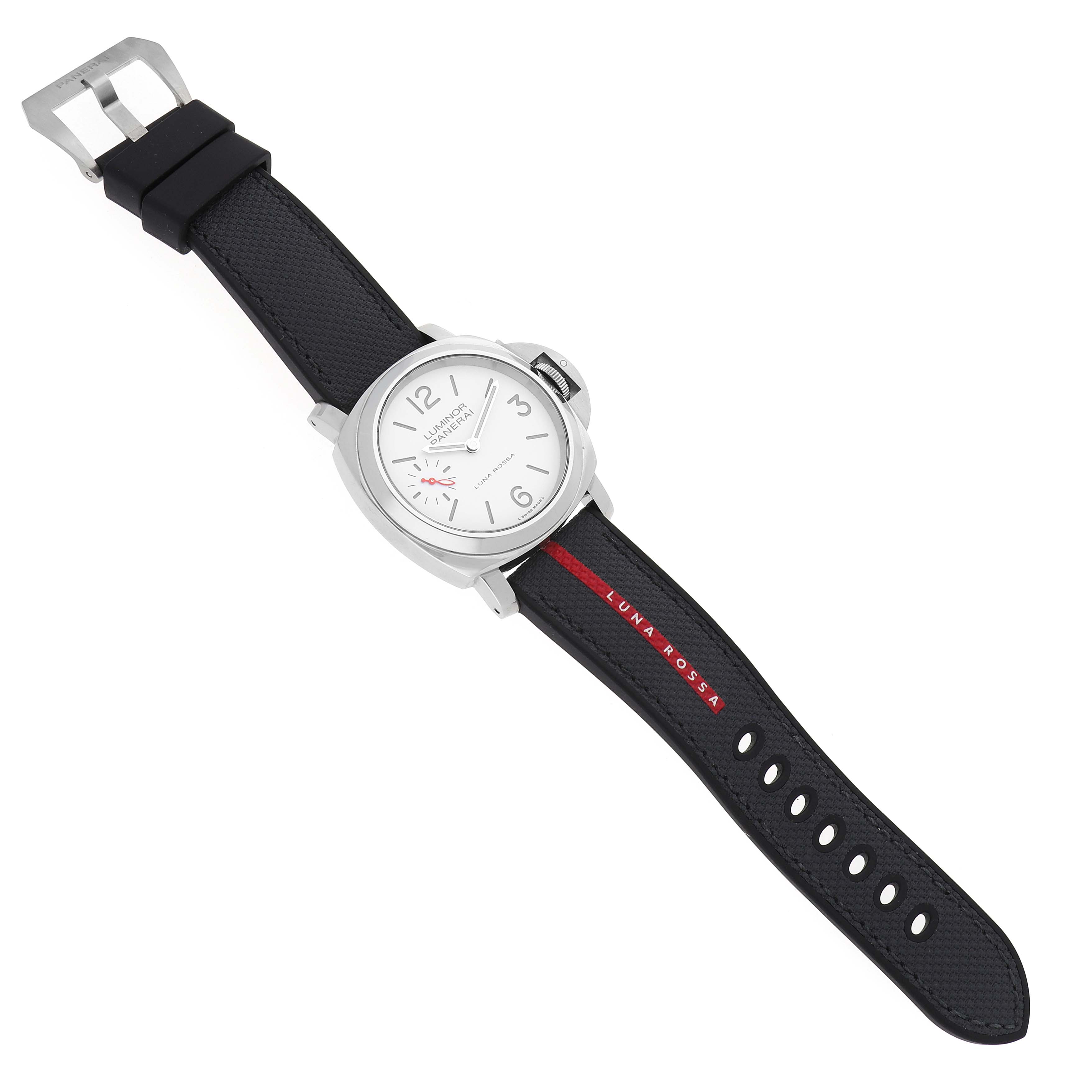 The image shows a Panerai Luminor PAM01342 Men's Stainless Steel White Dial watch from a top view, displaying the face, bezel, strap, and buckle.