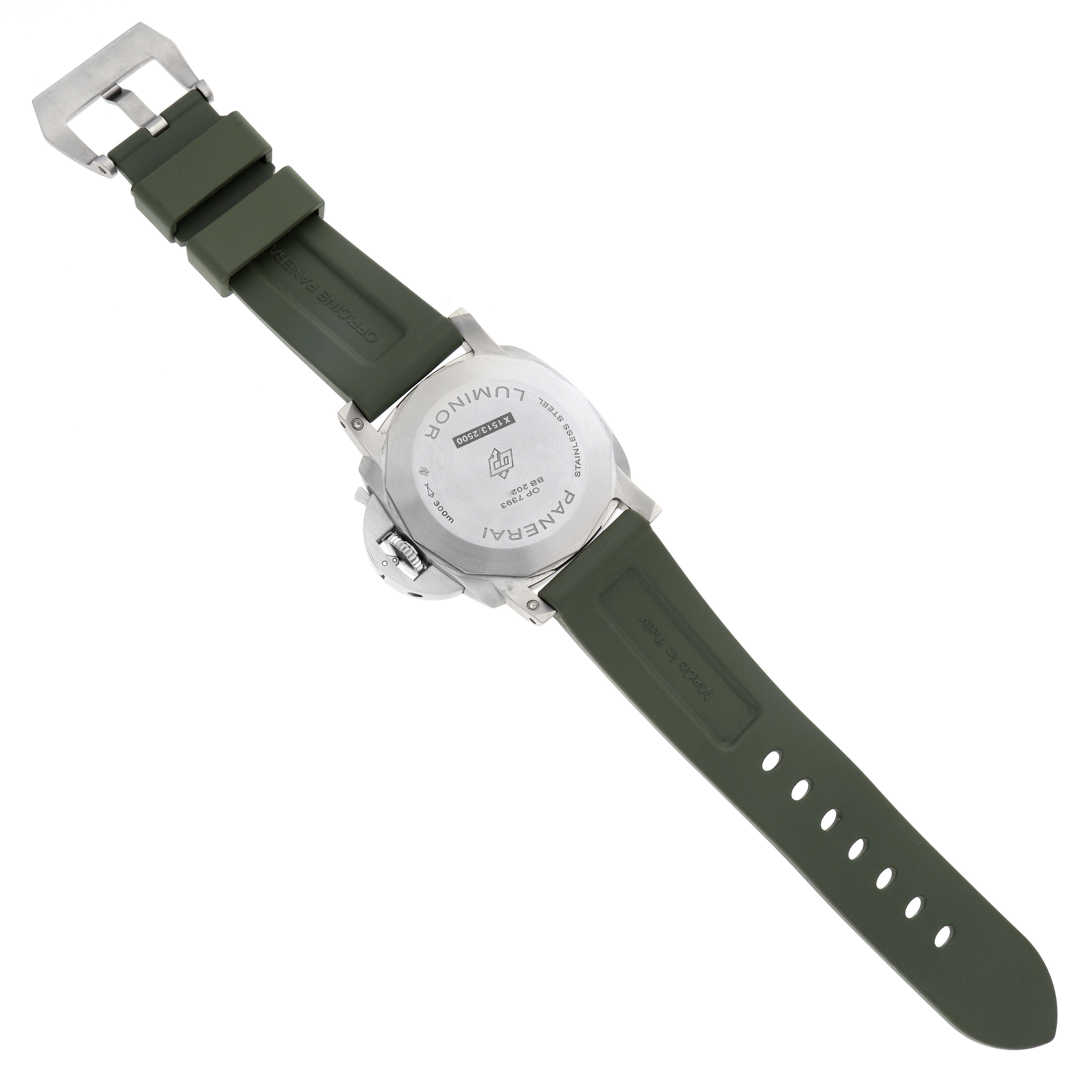 The image shows the back of a Panerai Luminor PAM01314 Men
s Stainless Steel White Dial PAM01314 Men
s Stainless Steel White Dial watch, displaying its case back, crown guard, and green strap.