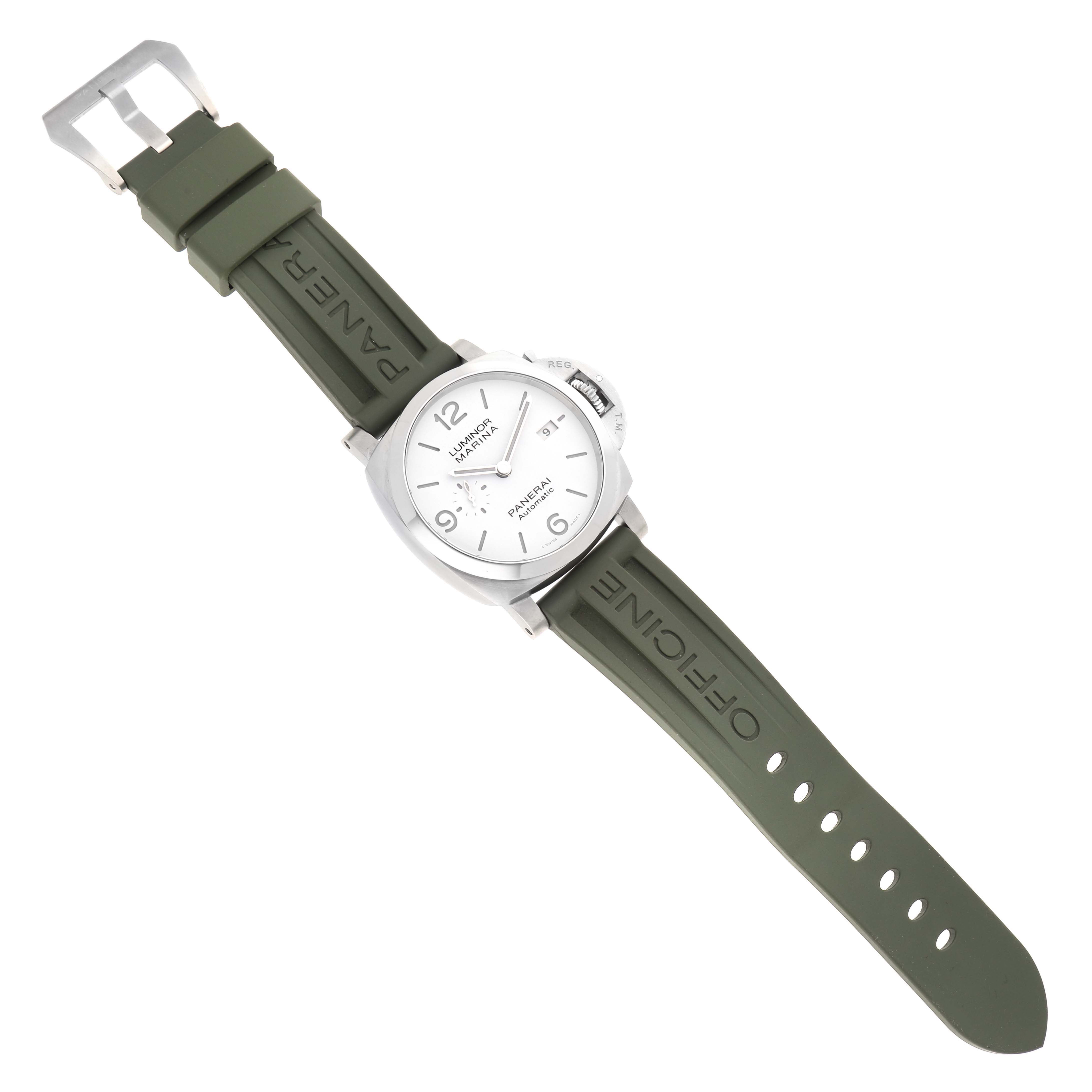 The Panerai Luminor PAM01314 Men
s Stainless Steel White Dial PAM01314 Men
s Stainless Steel White Dial watch is shown from a top-down angle, displaying the full face, case, and olive-green strap.