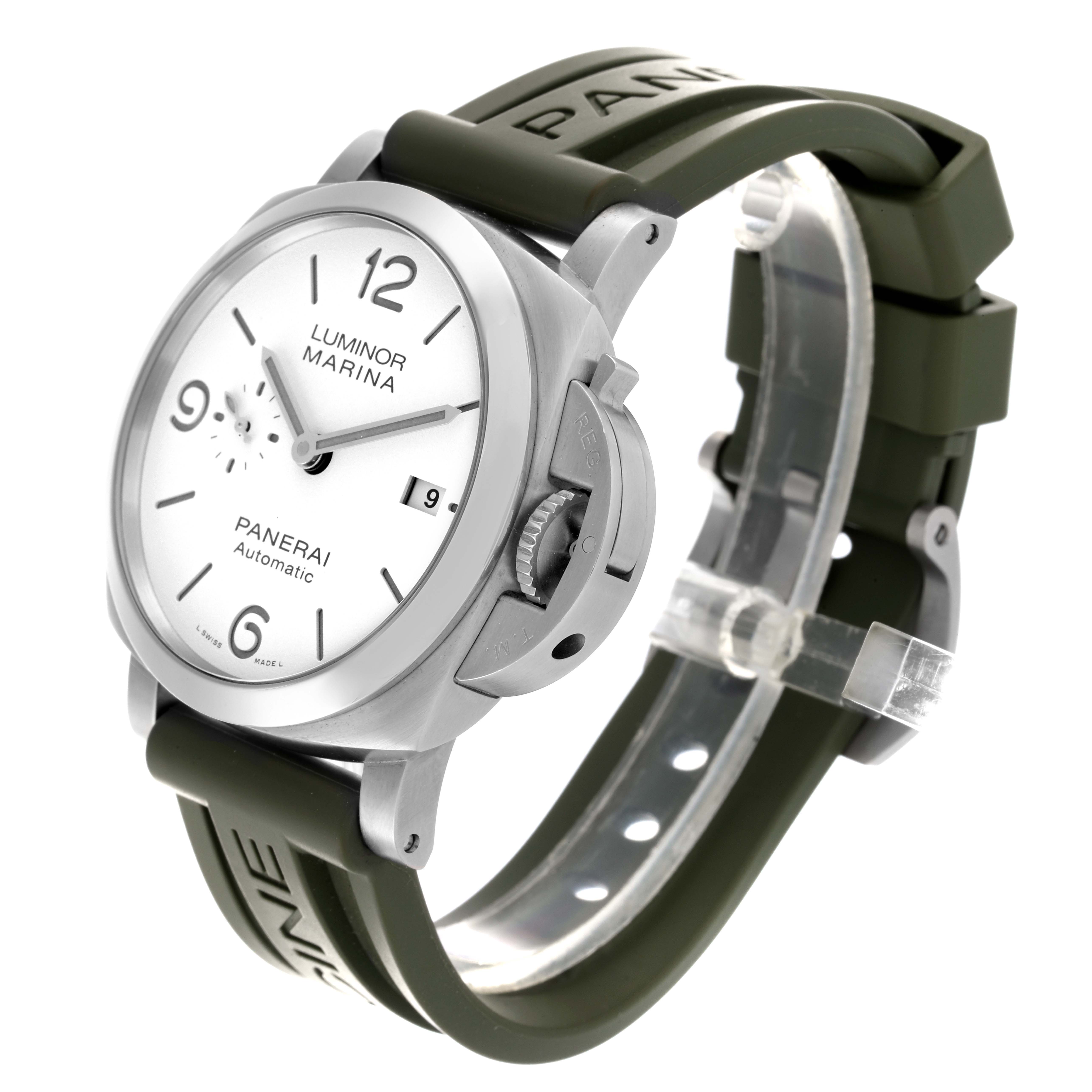 The Panerai Luminor PAM01314 Men
s Stainless Steel White Dial PAM01314 Men
s Stainless Steel White Dial watch is shown at an angled view emphasizing the dial, crown guard, and olive green rubber strap.