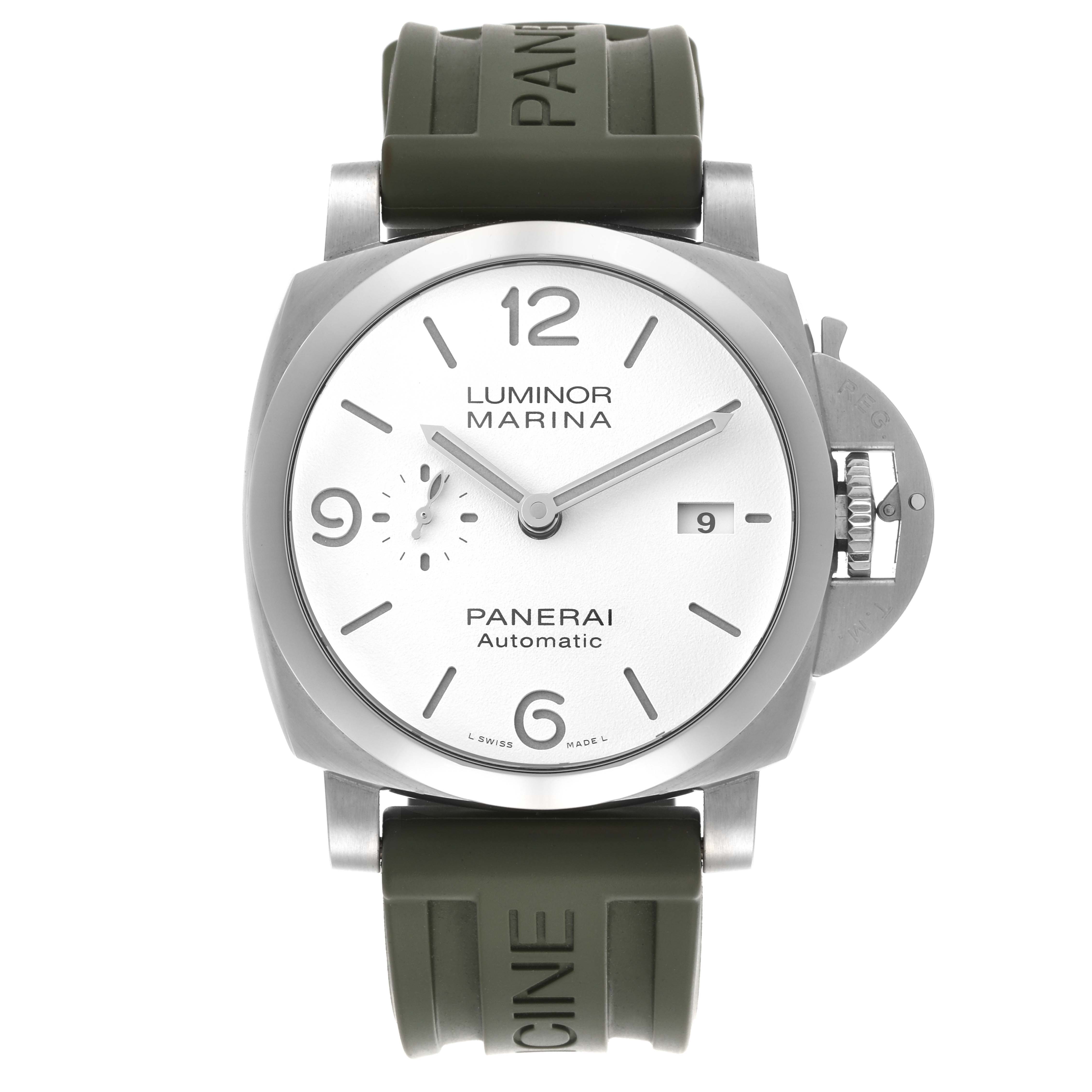 The Panerai Luminor PAM01314 Men
s Stainless Steel White Dial PAM01314 Men
s Stainless Steel White Dial watch is shown from a front angle, displaying the dial, case, and olive green strap.