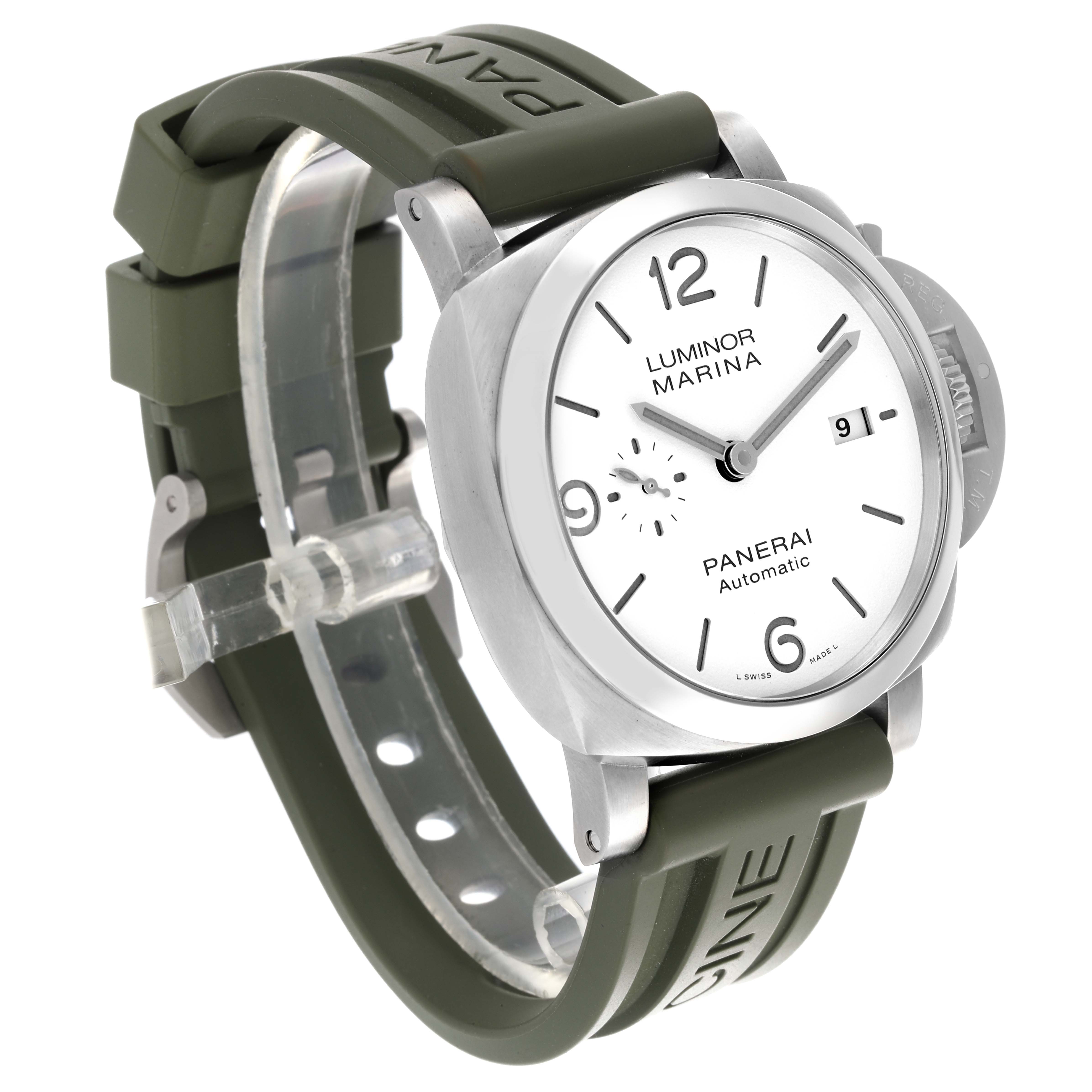 This Panerai Luminor PAM01314 Men
s Stainless Steel White Dial PAM01314 Men
s Stainless Steel White Dial watch is shown at an angled side view, featuring the face, strap, and crown.