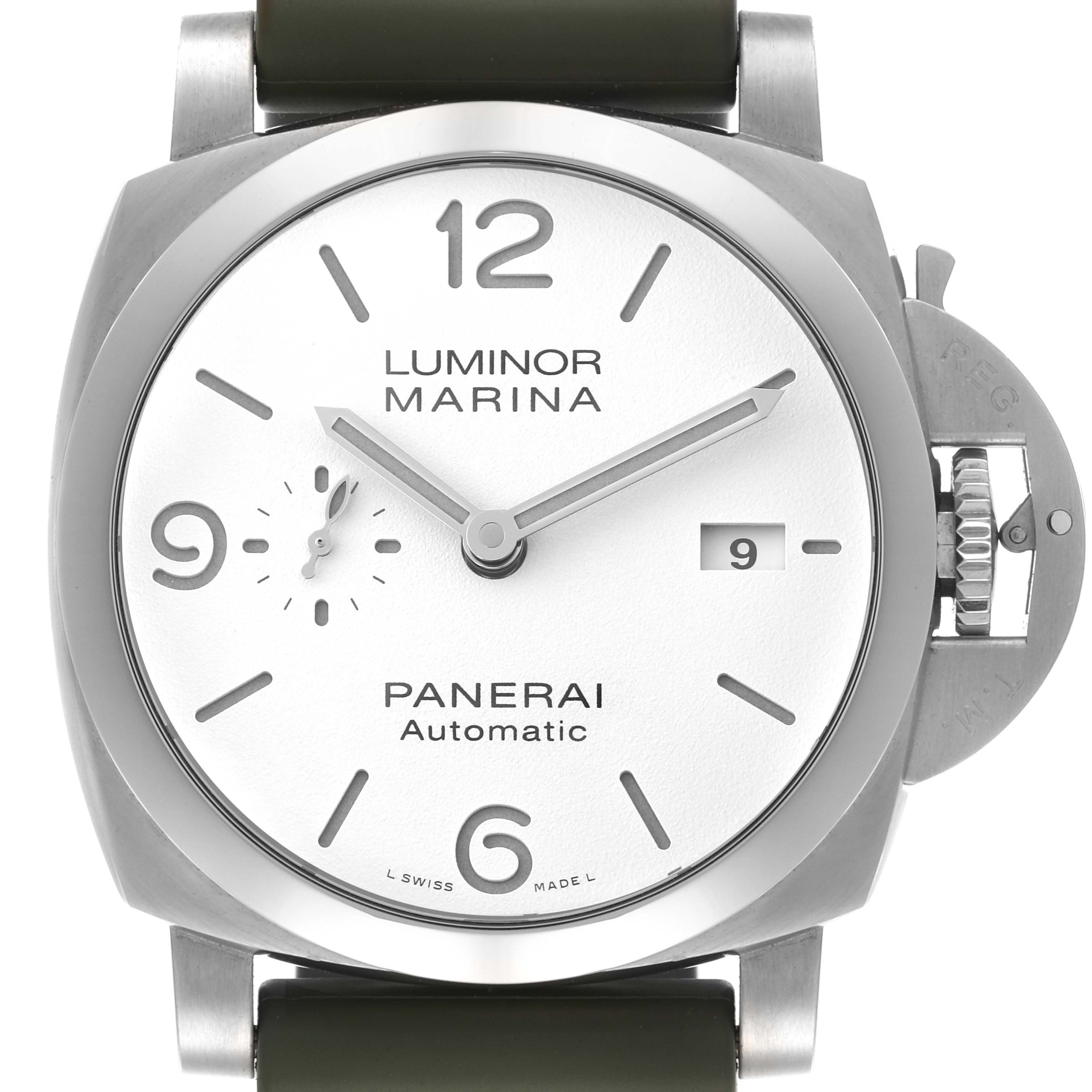 The image shows a front view of the Panerai Luminor PAM01314 Men
s Stainless Steel White Dial PAM01314 Men
s Stainless Steel White Dial watch, highlighting the dial, crown guard, and strap attachment.