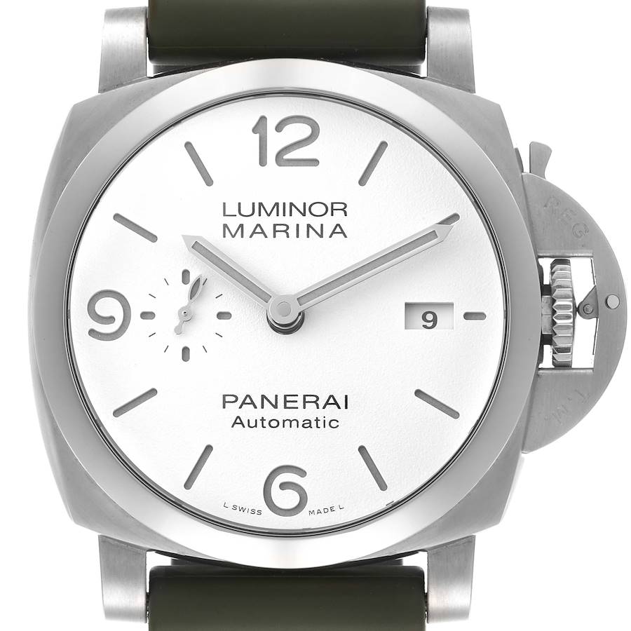 The image shows a front view of the Panerai Luminor watch, highlighting the dial, crown guard, and strap attachment.