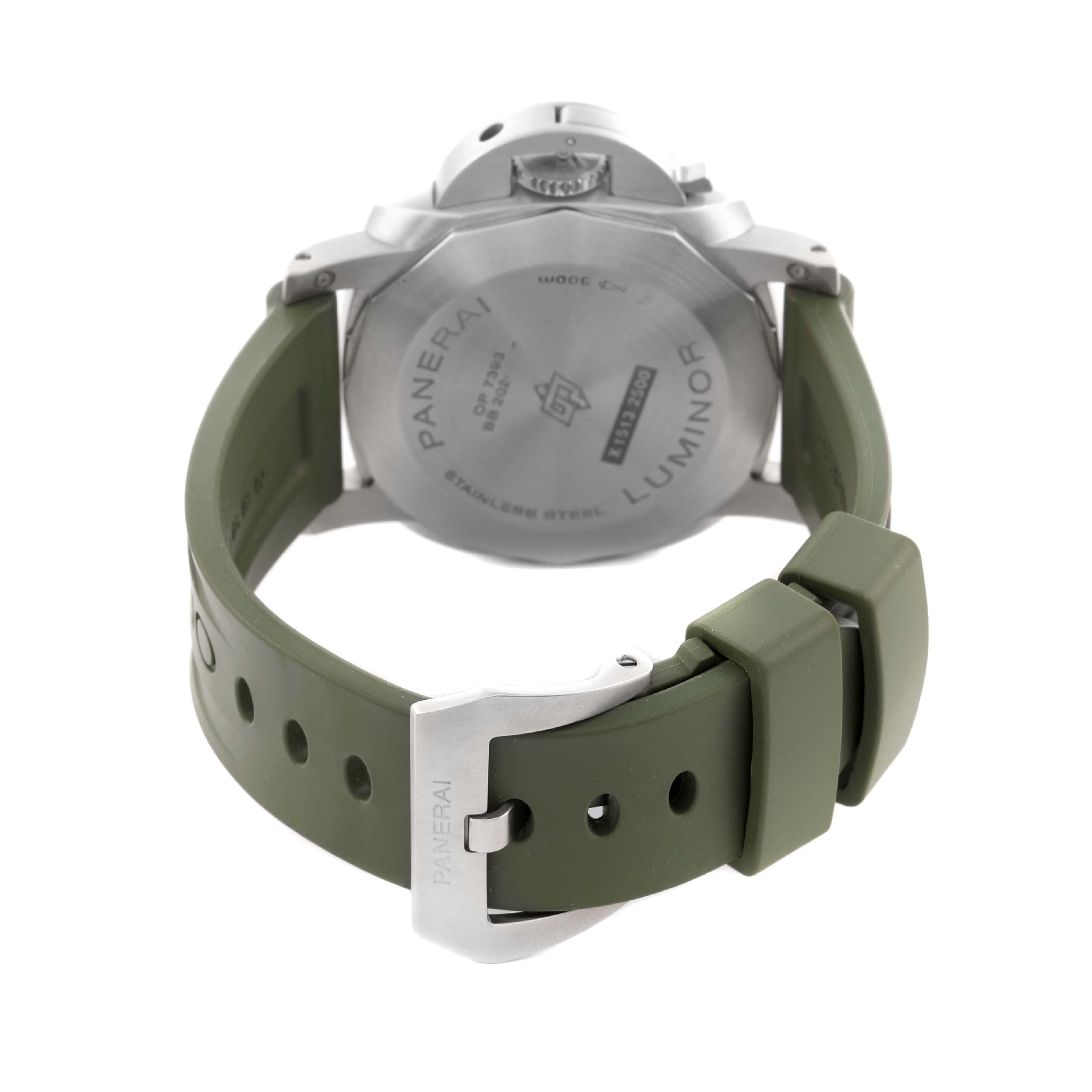 The image shows the back of the Panerai Luminor PAM01314 Men
s Stainless Steel White Dial PAM01314 Men
s Stainless Steel White Dial watch with its olive-green strap and stainless steel buckle.