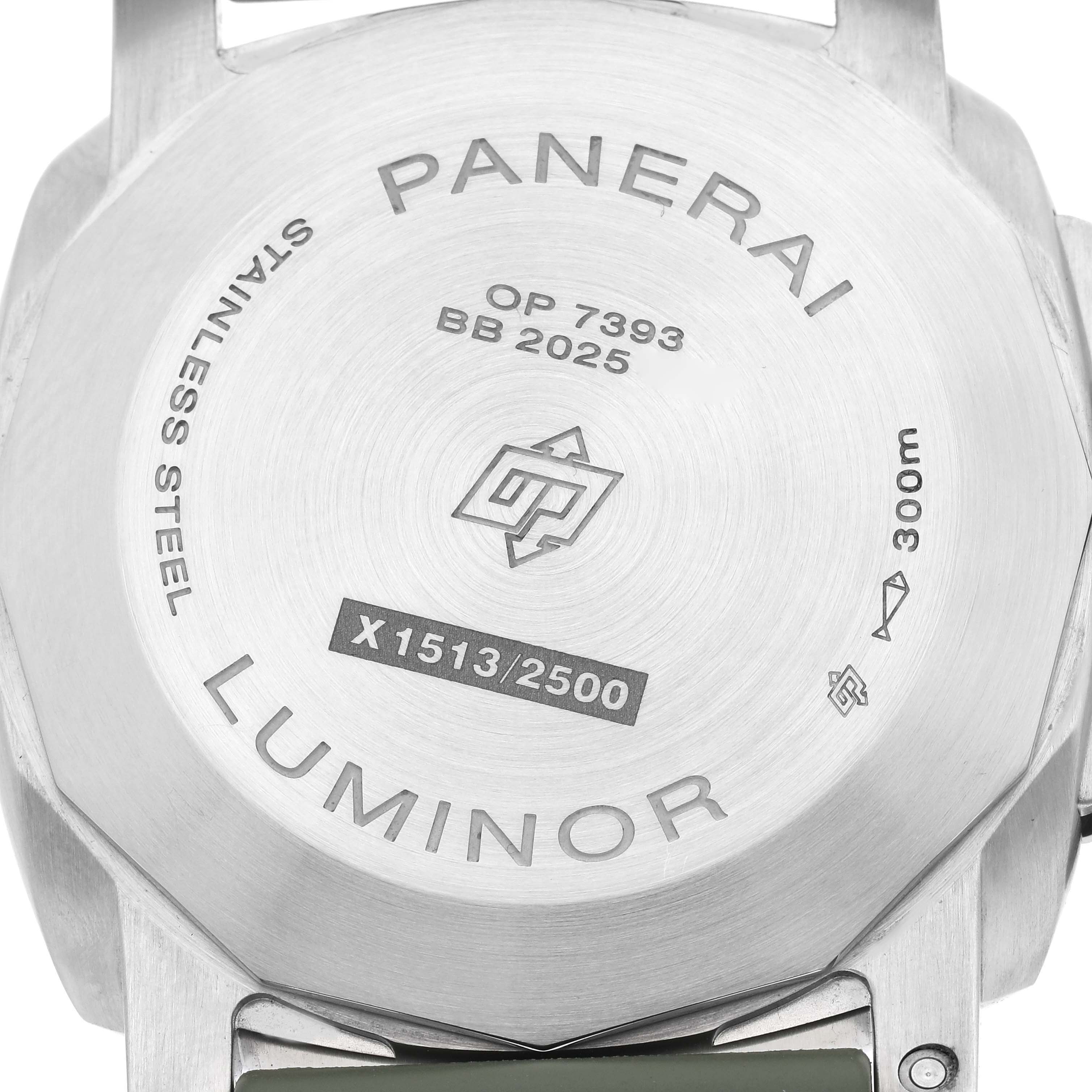 The image shows the back casing of a Panerai Luminor PAM01314 Men
s Stainless Steel White Dial PAM01314 Men
s Stainless Steel White Dial watch, highlighting its engravings.