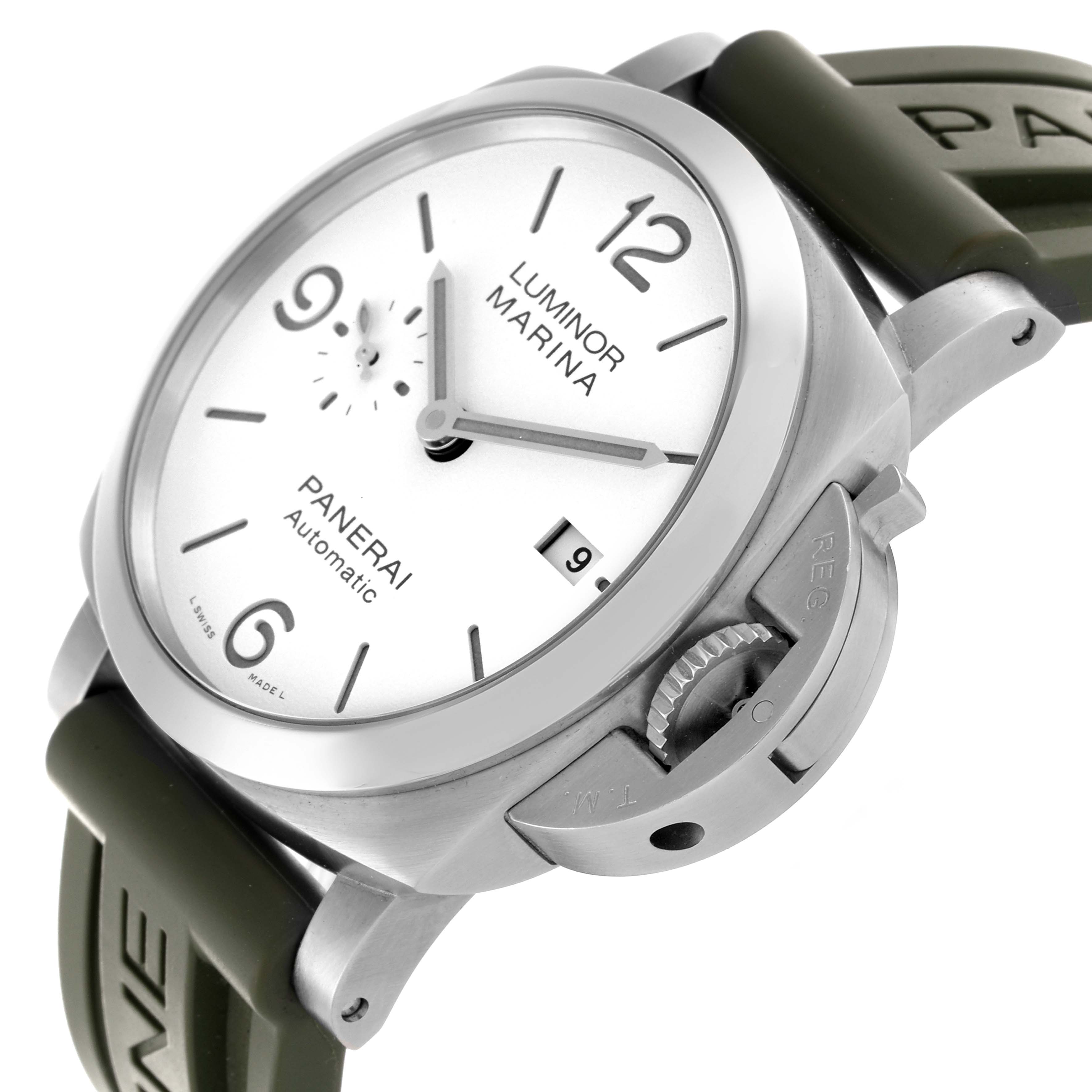 The image shows a side angle of the Panerai Luminor PAM01314 Men
s Stainless Steel White Dial PAM01314 Men
s Stainless Steel White Dial watch featuring its crown guard and white dial with green strap.