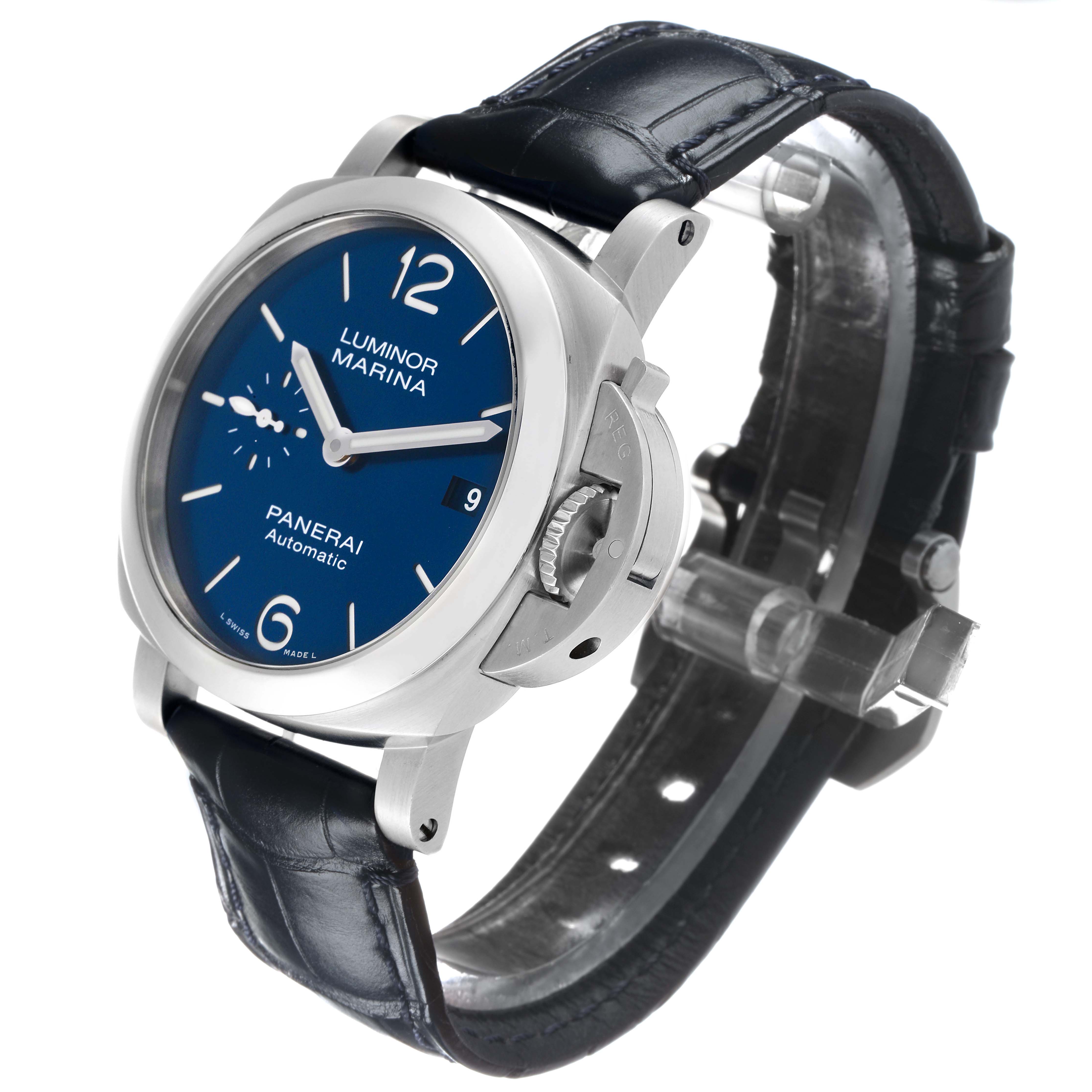 The Panerai Luminor PAM01370 Men's Stainless Steel Blue Dial watch is shown at a slight angle, highlighting its blue dial, crown guard, and leather strap.