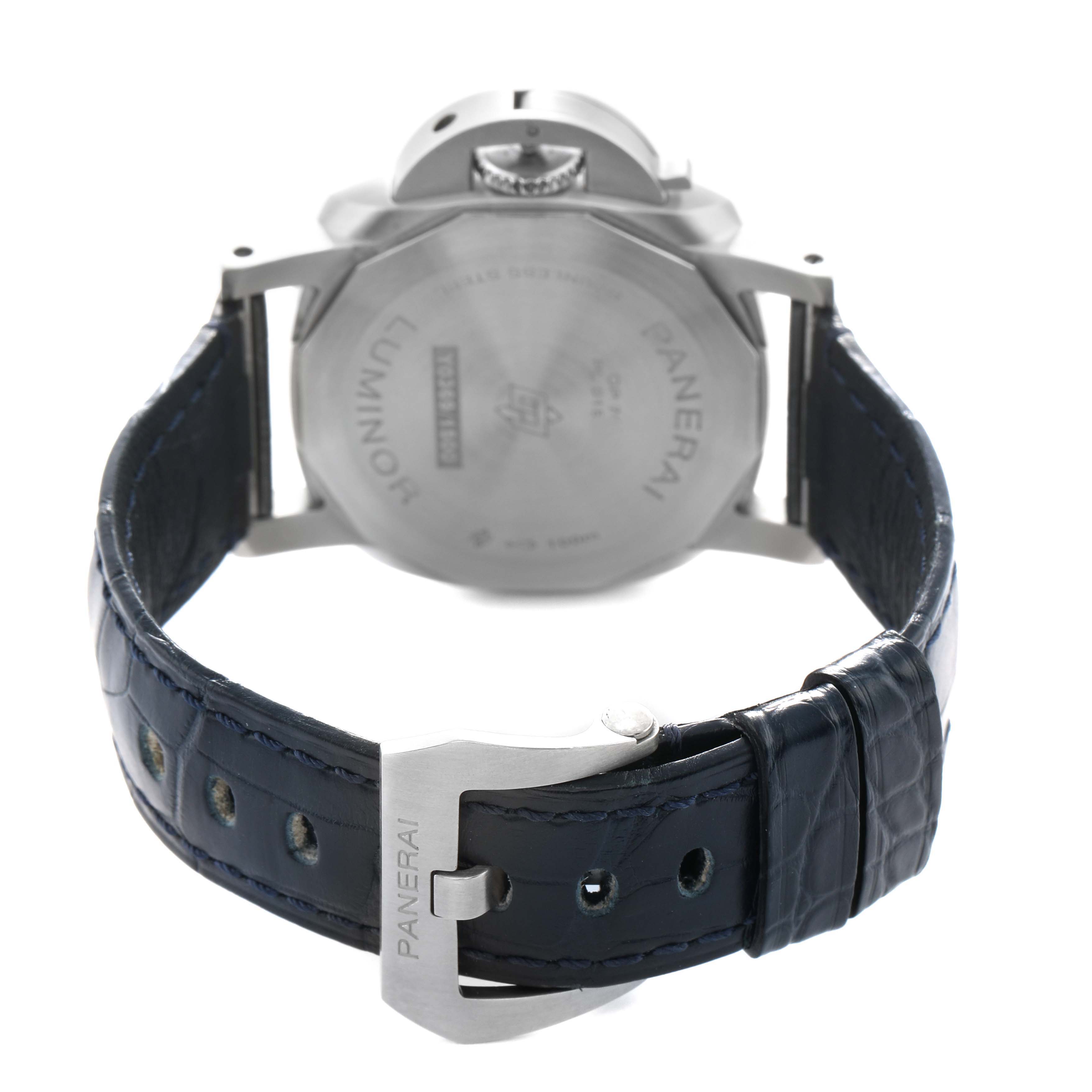 The image shows the back of a Panerai Luminor PAM01370 Men's Stainless Steel Blue Dial watch, highlighting its strap and buckle.