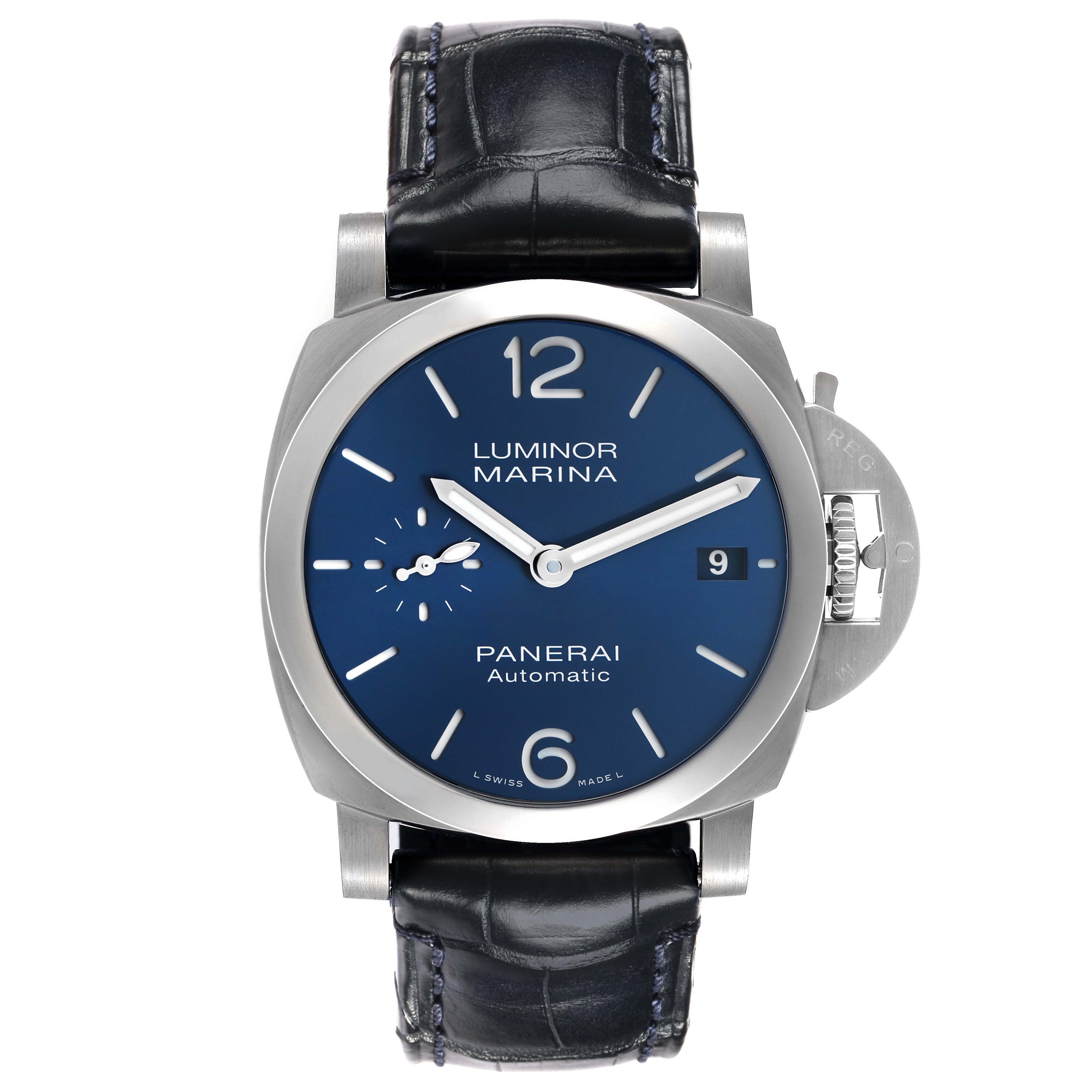 The Panerai Luminor PAM01370 Men's Stainless Steel Blue Dial watch is shown from the front, displaying the dial, case, strap, and crown guard.