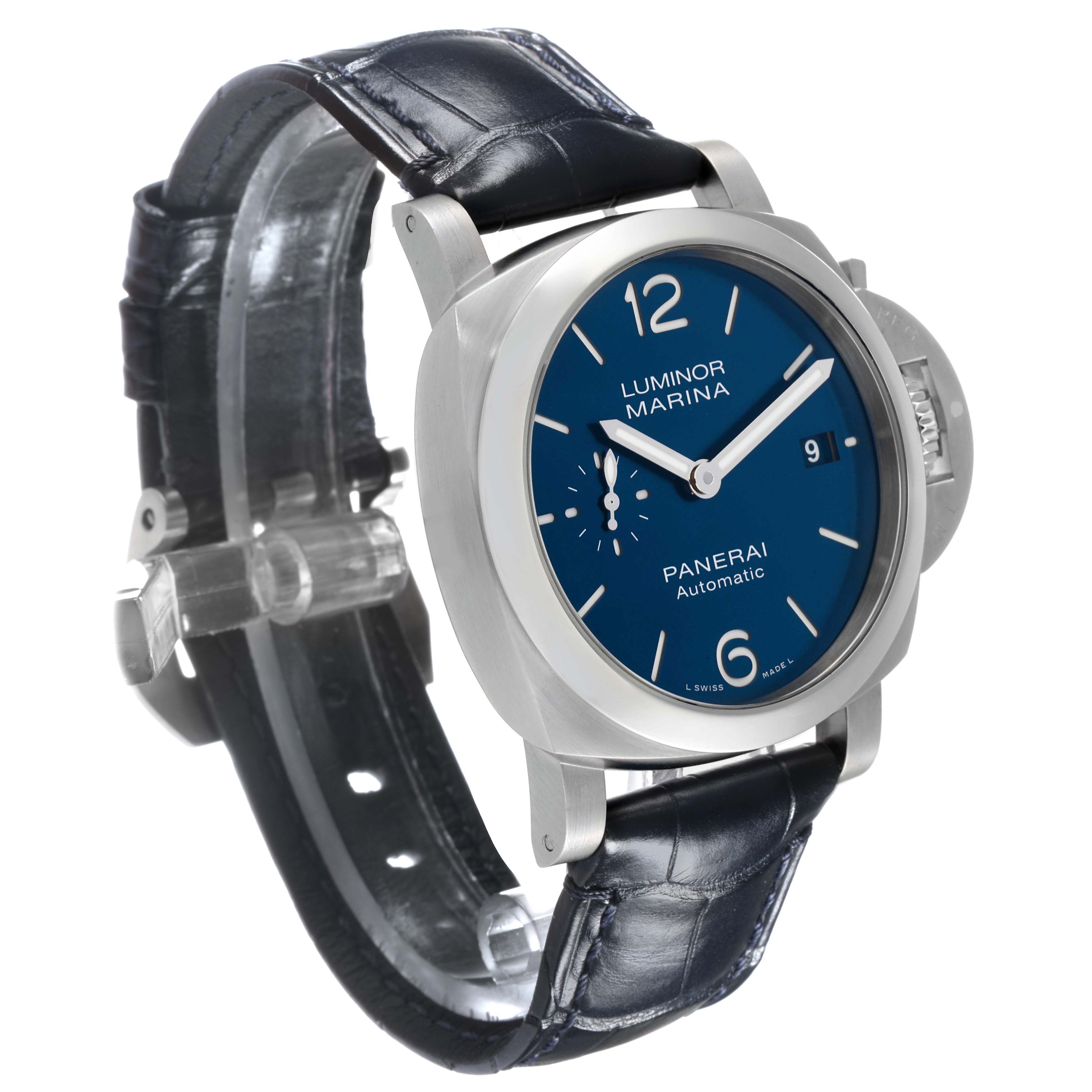The Panerai Luminor PAM01370 Men's Stainless Steel Blue Dial watch is shown at a three-quarter angle, highlighting the face, crown guard, and leather strap.