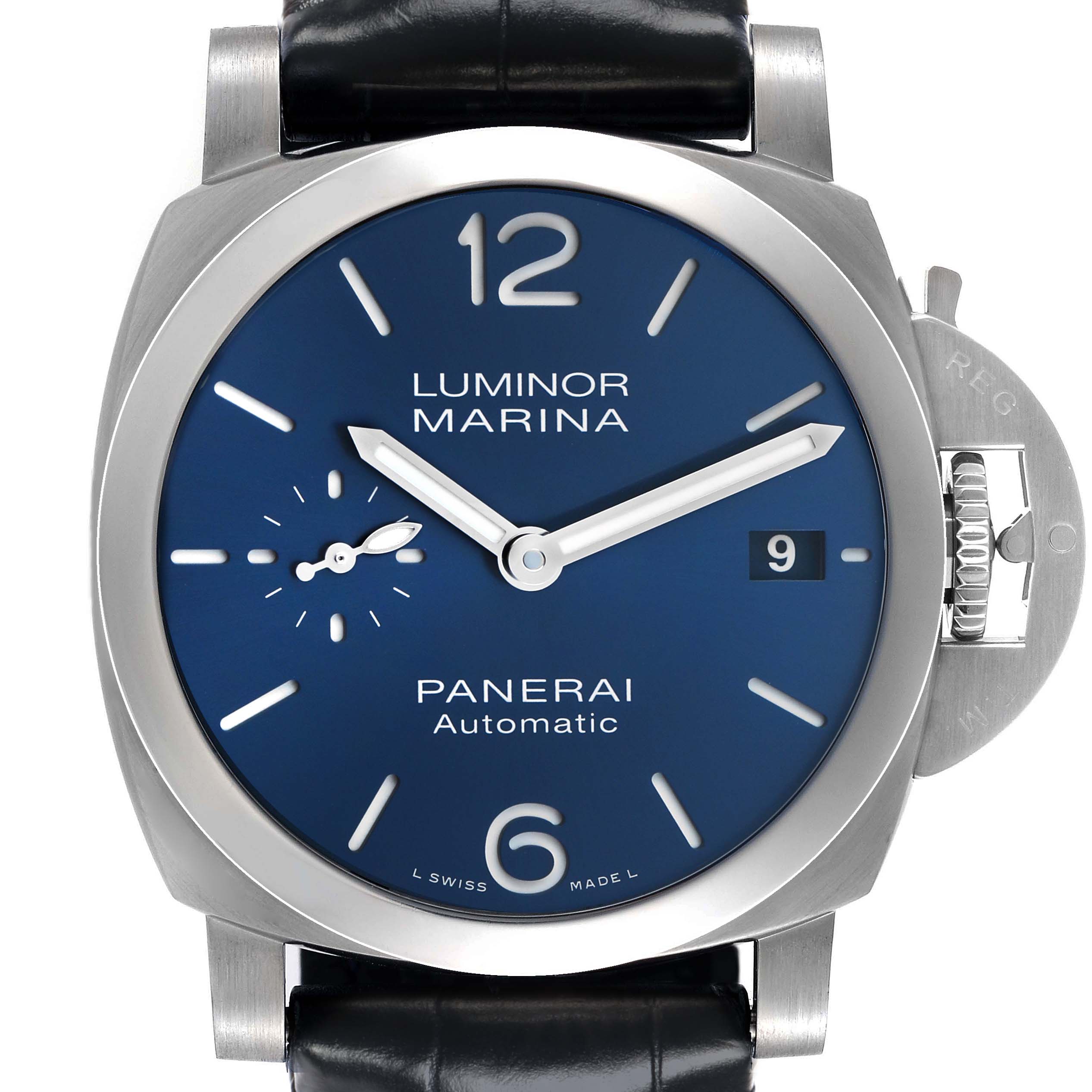 The Panerai Luminor PAM01370 Men's Stainless Steel Blue Dial watch is shown from the front, highlighting its dial, crown guard, and strap.