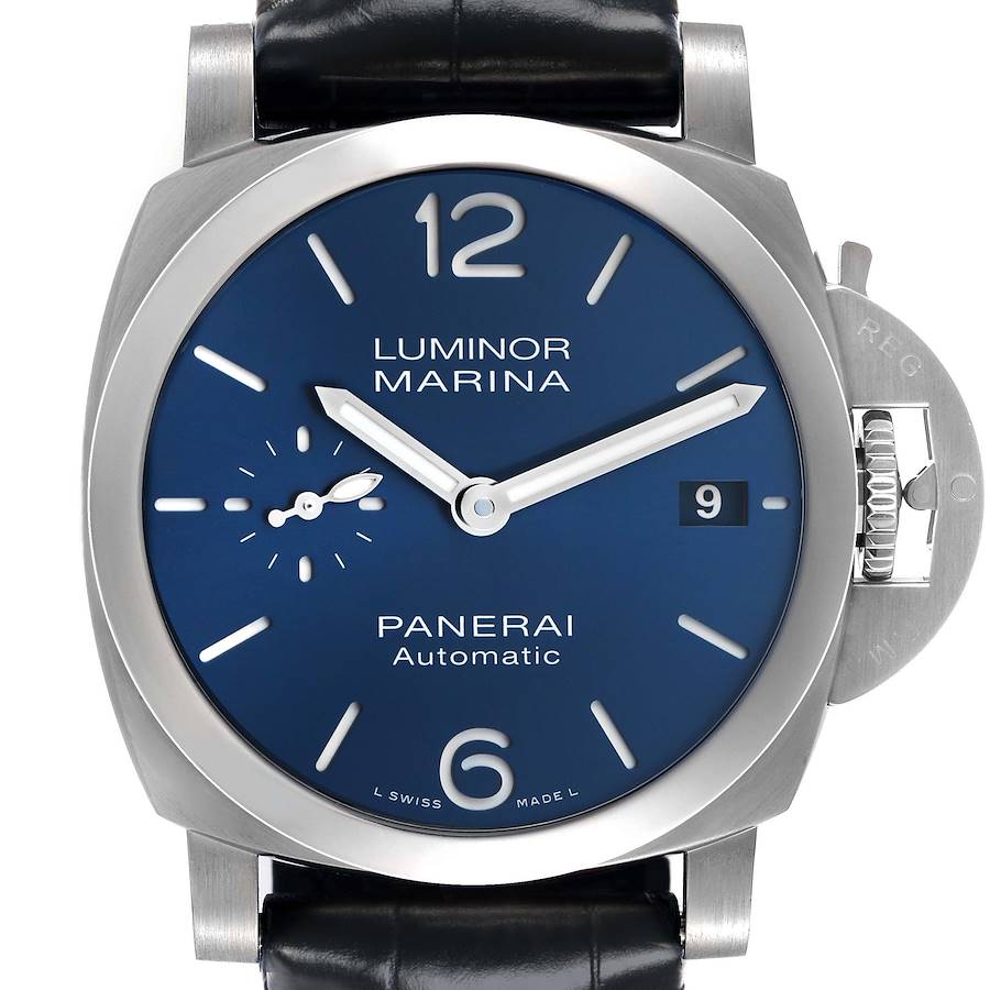 The Panerai Luminor PAM01370 Men's Stainless Steel Blue Dial watch is shown from the front, highlighting its dial, crown guard, and strap.