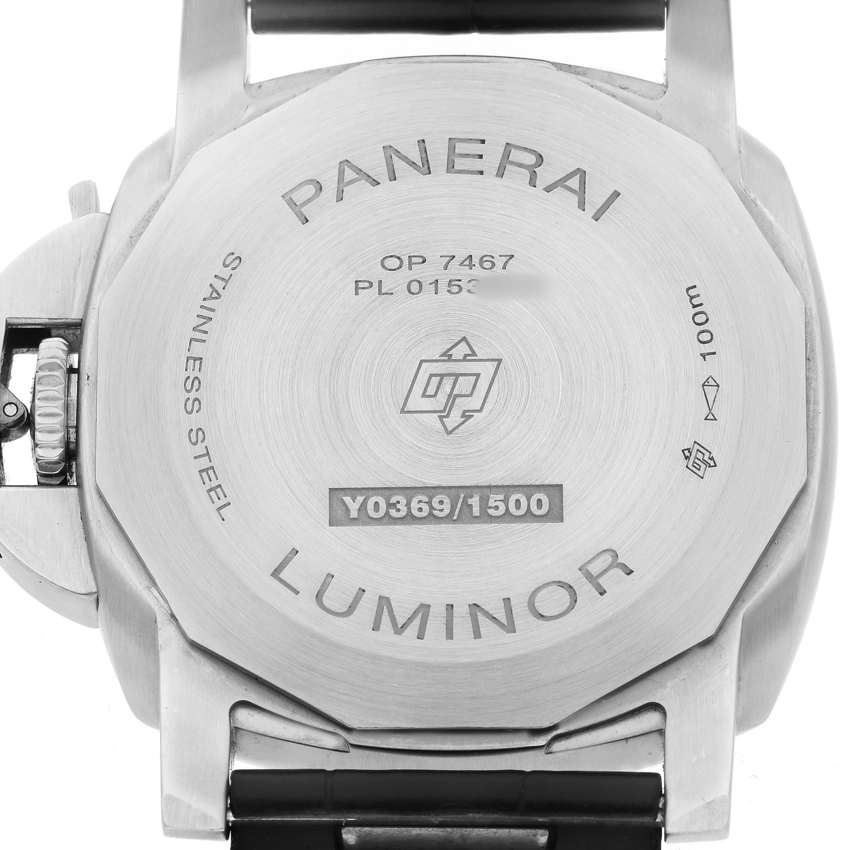 The image shows the back view of a Panerai Luminor PAM01370 Men's Stainless Steel Blue Dial watch with details like model number and water resistance.