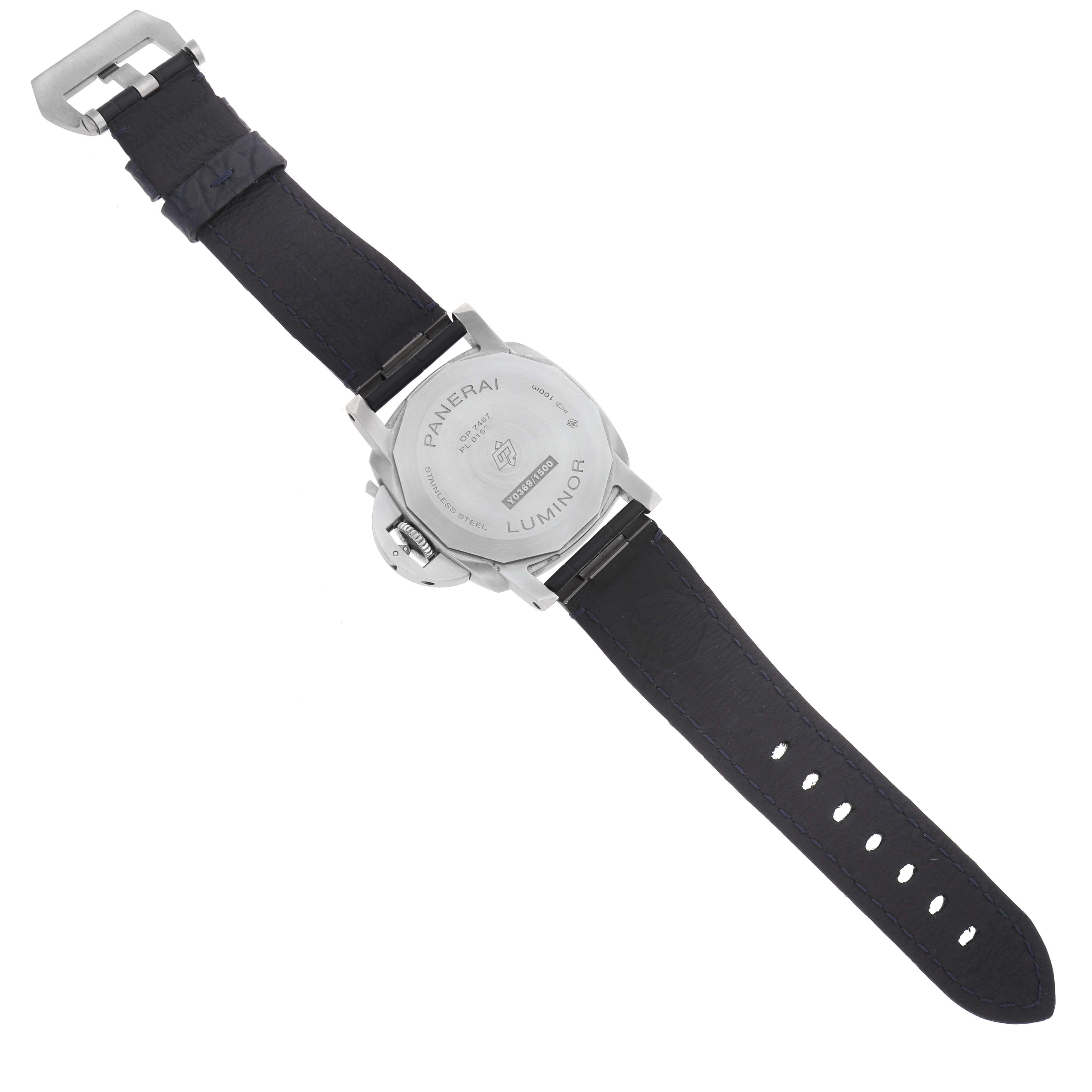 The image shows the back and strap of a Panerai Luminor PAM01370 Men's Stainless Steel Blue Dial watch, highlighting the case back and leather strap with a buckle.