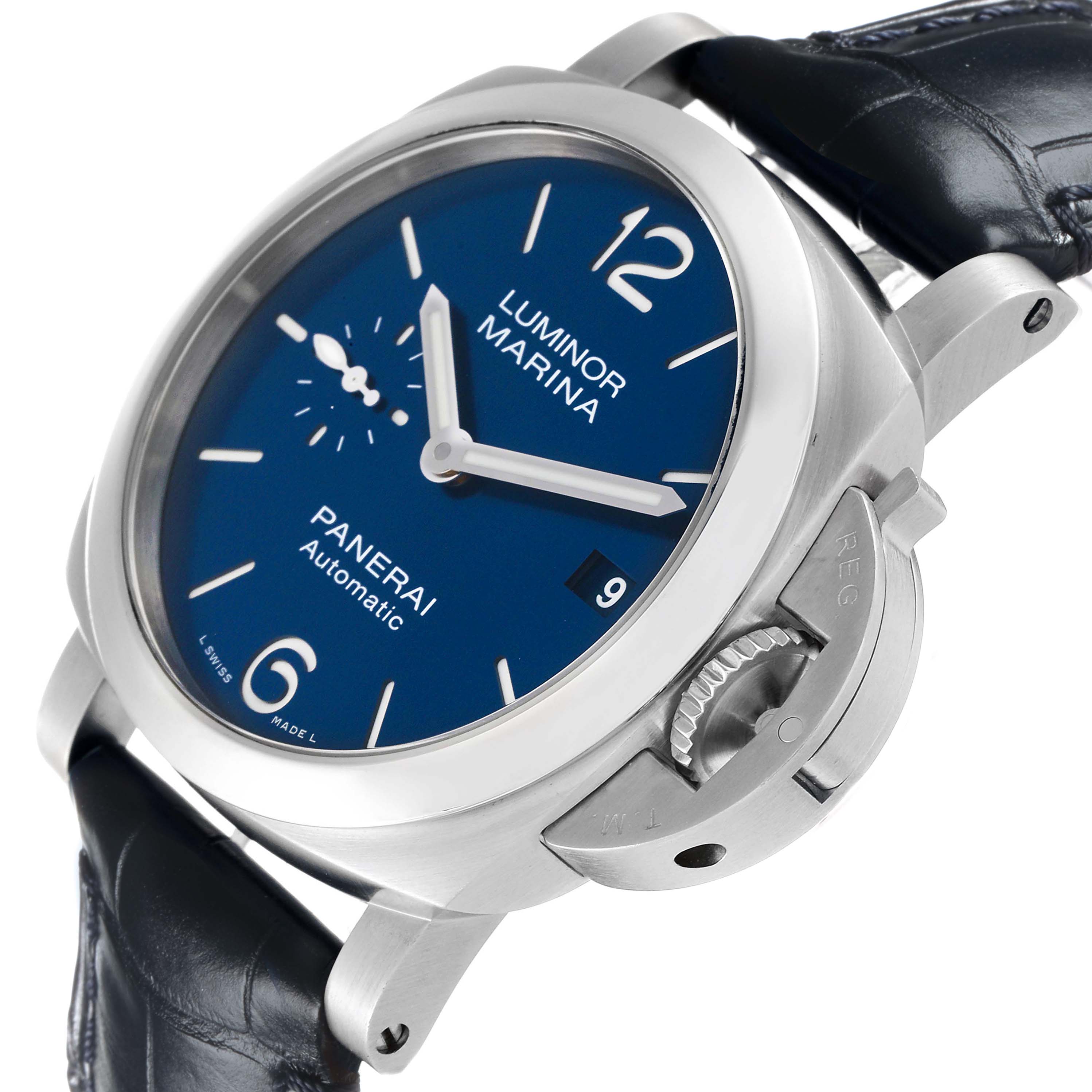The image shows a Panerai Luminor PAM01370 Men's Stainless Steel Blue Dial watch at a slight angle, highlighting its blue dial, crown guard, and black strap.