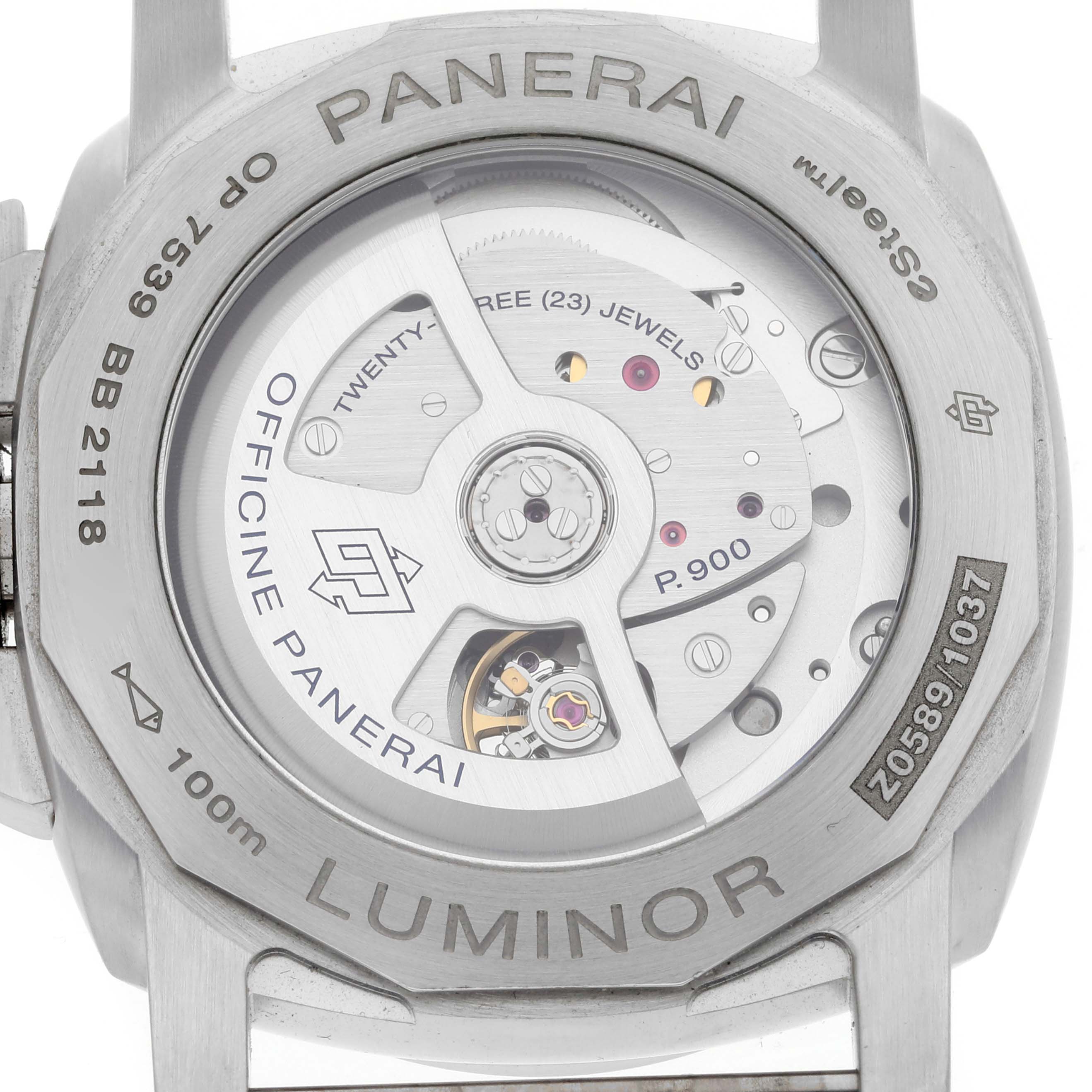 The image shows the back view of a Panerai Luminor PAM01404 Men
s Stainless Steel Blue Dial PAM01404 Men
s Stainless Steel Blue Dial watch, highlighting the movement and case details.