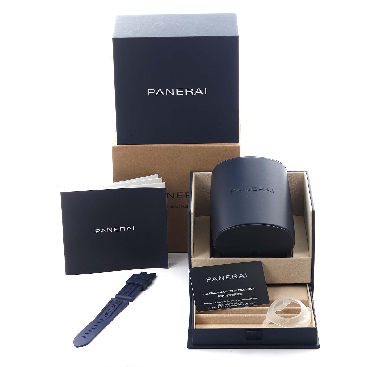 The image shows Panerai Luminor PAM01404 Men
s Stainless Steel Blue Dial PAM01404 Men
s Stainless Steel Blue Dial packaging, including a case, extra strap, warranty card, and documents from a top angle.